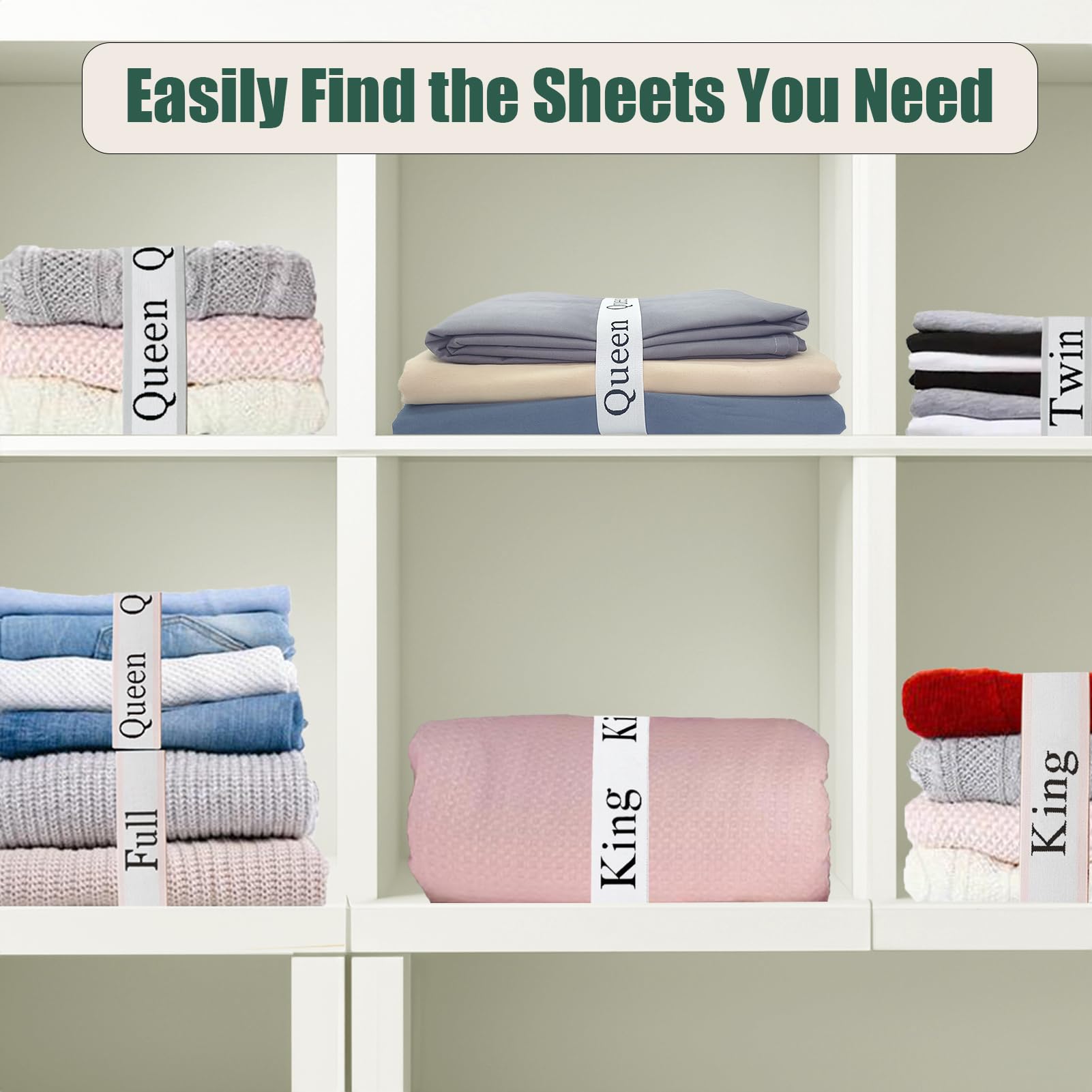 4-Piece Queen Size Bed Sheet Organizer Bands - Elastic Sheet Storage Labels for Closet Organization - Linen Keeper Bands for Bedding Sets (Grey) | Perfect for Organizing Queen Sheets, Blankets & Duvet Covers in Your Bedroom Closet
