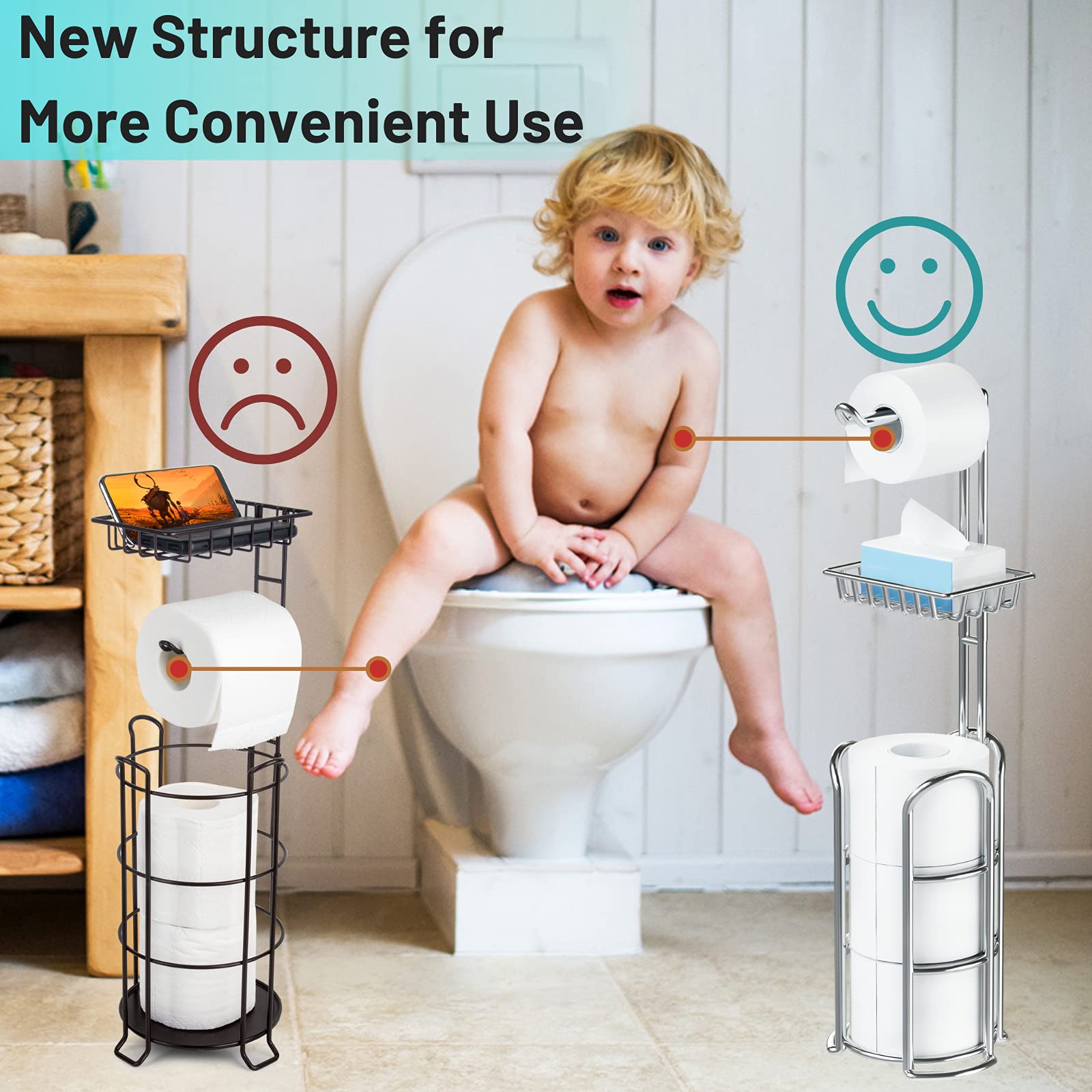 TreeLen Chrome Freestanding Toilet Paper Roll Holder with Shelf - Modern Metal Bathroom Tissue Storage Organizer for Bathroom, Kitchen, RV & Office Use