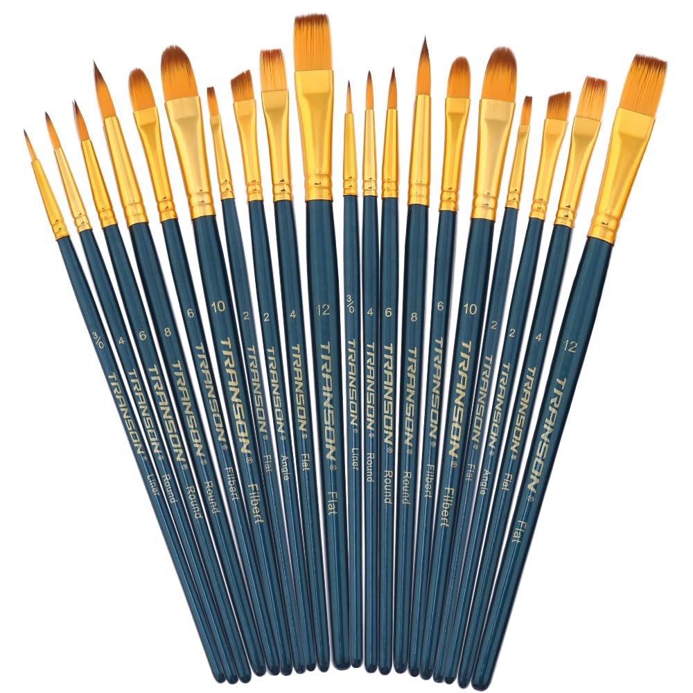 Transon 20-Piece Bulk Artist Paint Brush Set - Professional Quality Brushes for Acrylic, Watercolor, Gouache Painting - Perfect for Hobby, Craft, Face & Rock Painting - Ideal for Beginners & Professional Artists