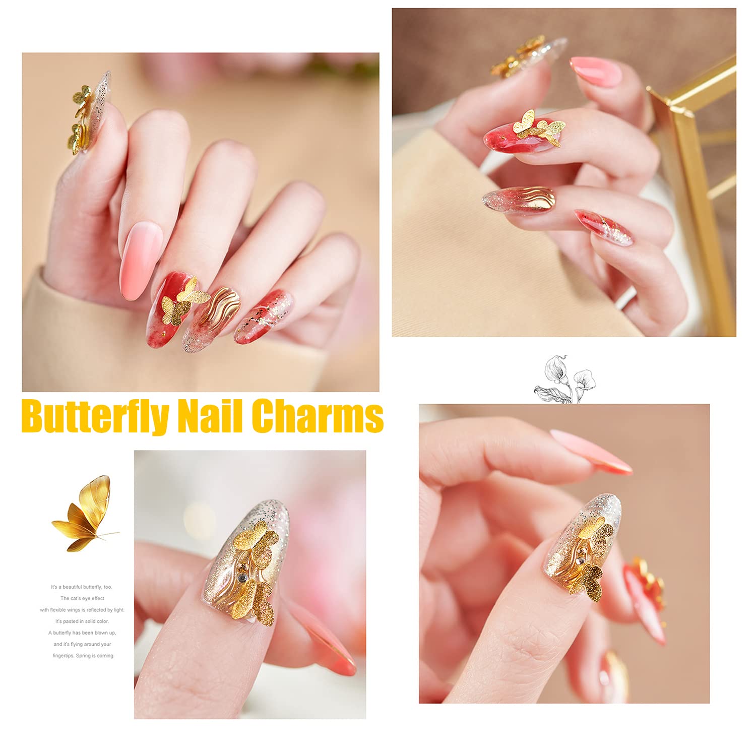 3D Gold Butterfly Nail Charms - 400Pcs Glitter Sequin for Nail Art