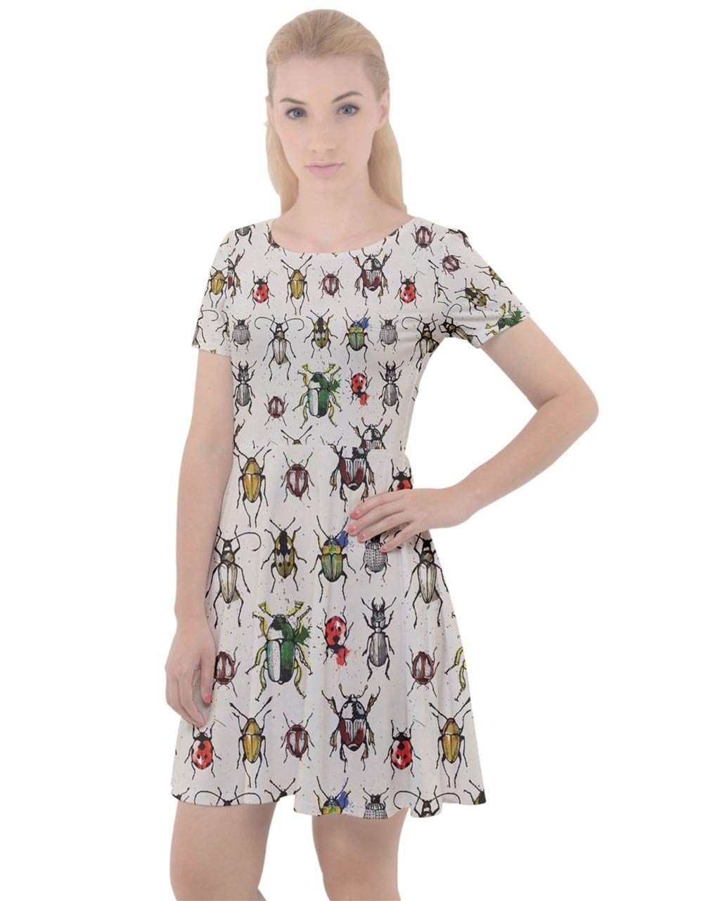 CowCow Women's Watercolor Beetle & Butterfly Print Cap Sleeve Velour Dress - Boho Floral Insect Design Casual Summer Dress for Garden Parties & Outdoor Events