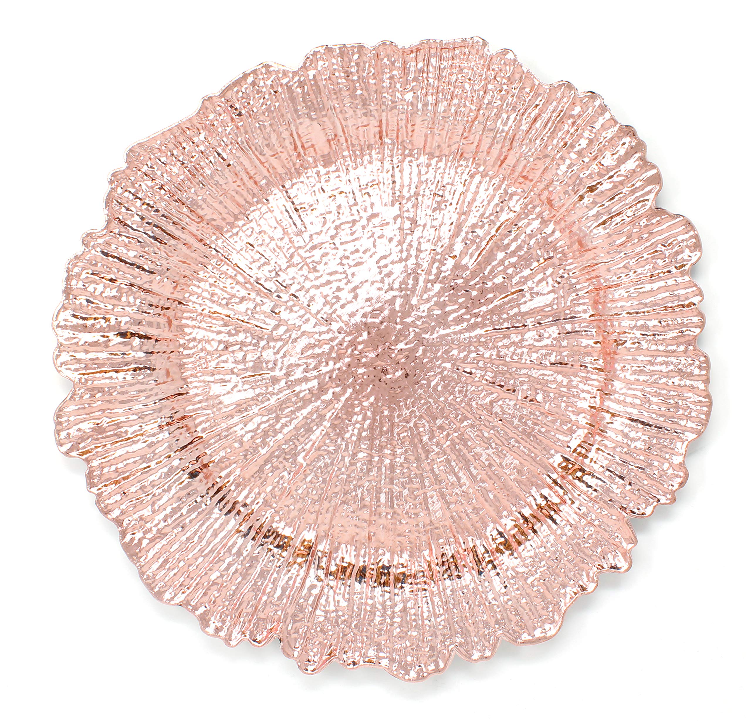 Premium Plastic Reef Charger Plates Set of 6 - Elegant Rose Gold Glossy Finish - Durable & Reusable for Weddings, Parties & Formal Dining Events