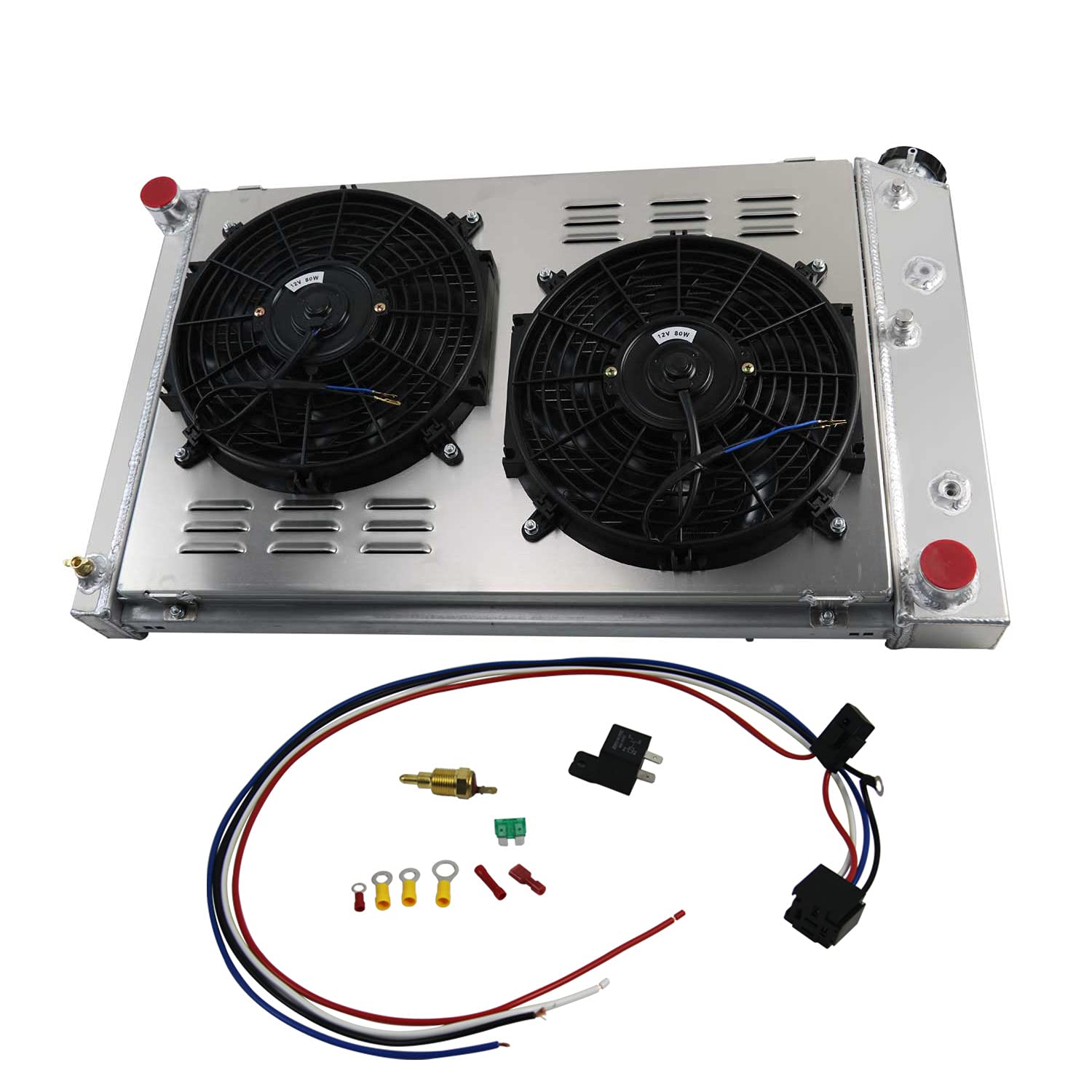 4 Row Aluminum Radiator Fan Shroud with Relay Kit for 1975-1979 Chevy Nova & 1970-1981 Camaro - High Performance Cooling System Upgrade for Classic Muscle Cars