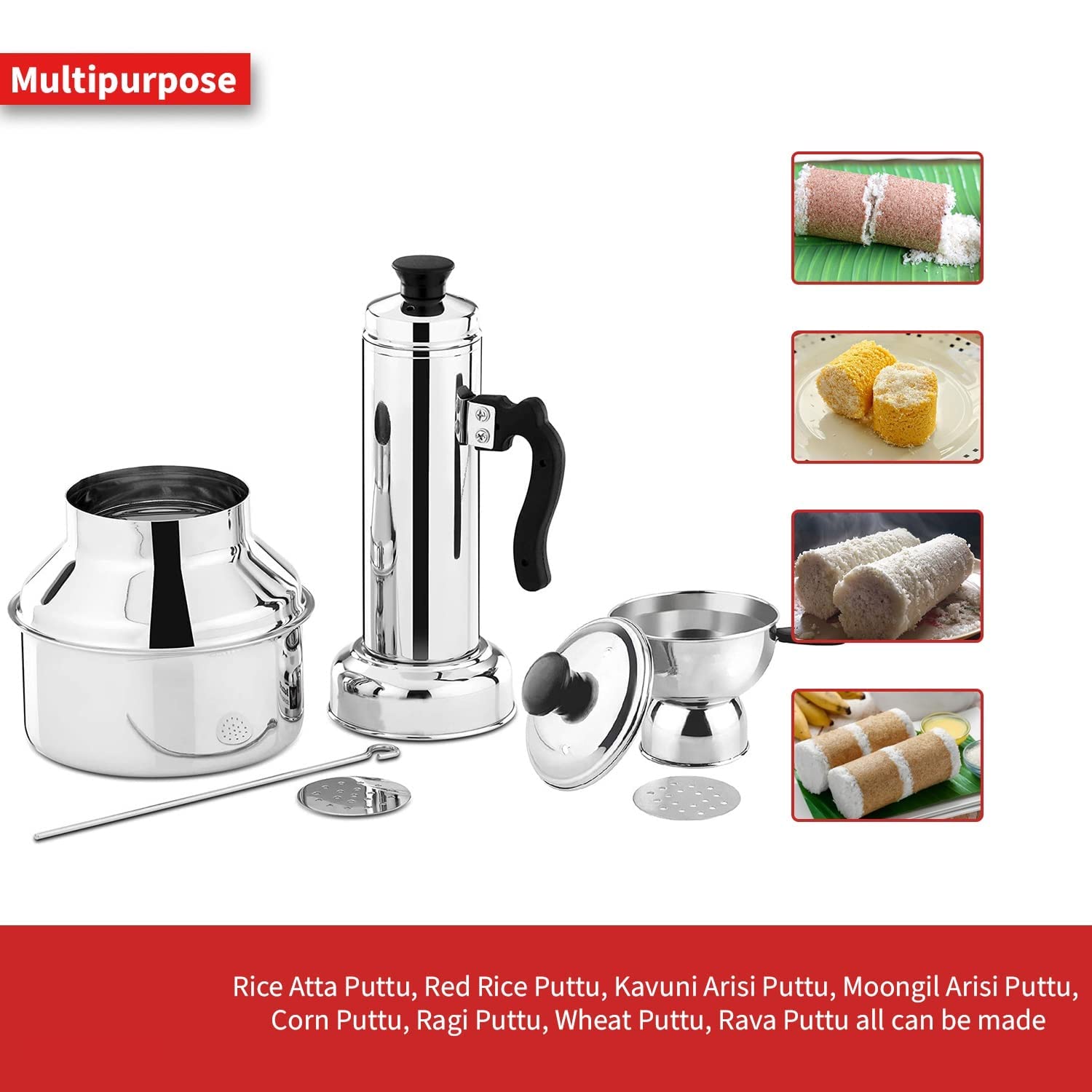 Premium Stainless Steel Puttu Maker with Pressure Cooker - Traditional Indian Puttu Kudam for Healthy Breakfast - Ideal for Steaming Rice Flour & Coconut - Perfect for Home Cooking & Indian Cuisine Lovers - Made in India (Silver, 1-Pack)