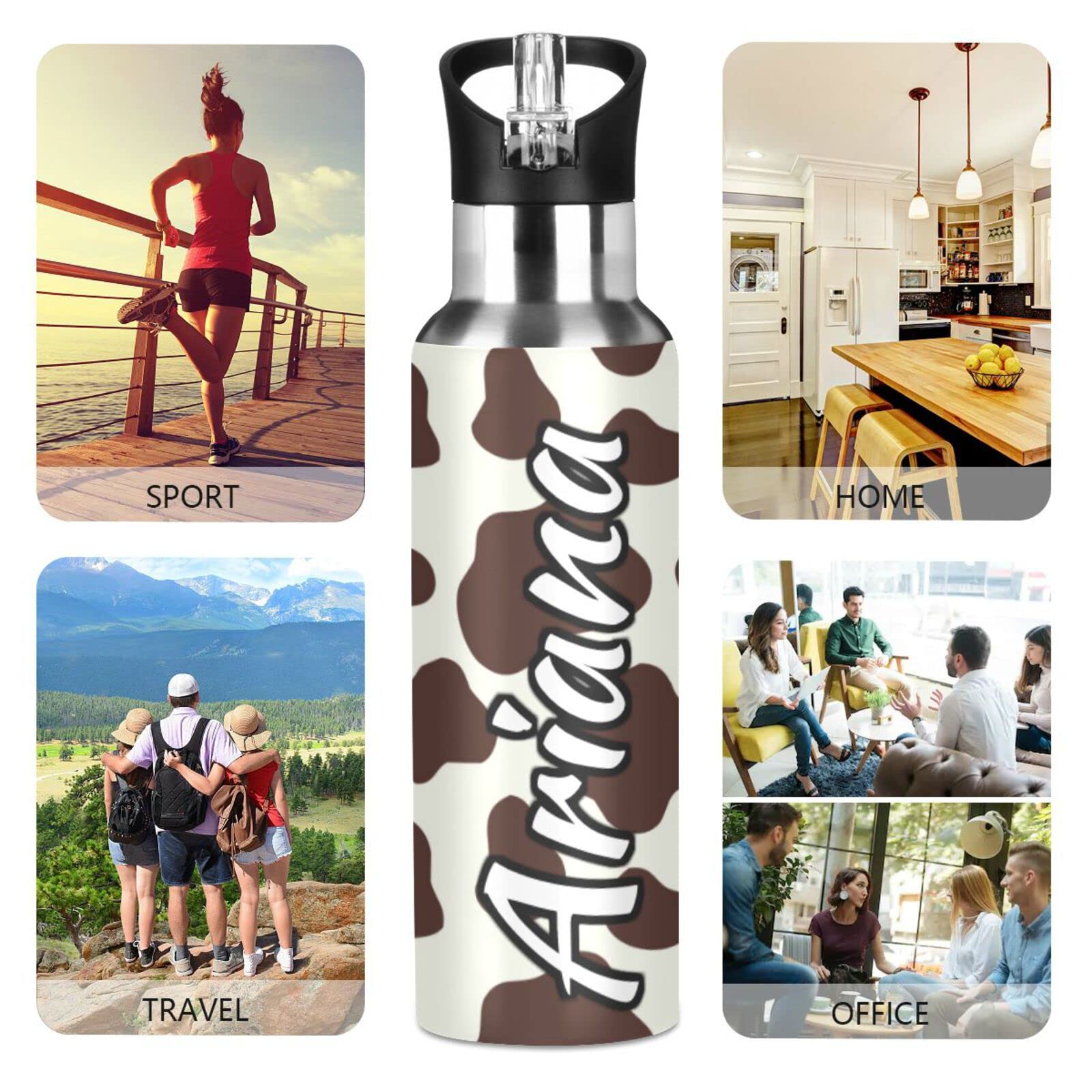 Custom 33oz Insulated Stainless Steel Water Bottle with Straw Lid - Brown & White Cow Print Design - Personalized Sports Bottle for Gym, Office & Outdoor Activities