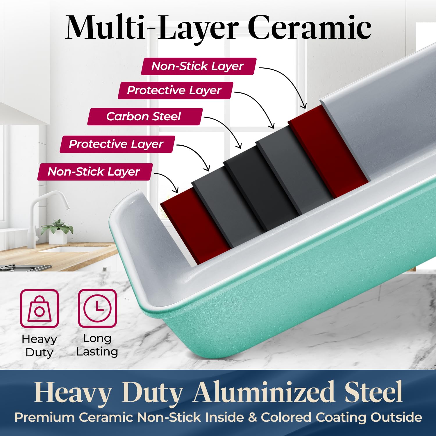 Bakken 8-Piece Non-Tick Ceramic Bakeware Set - Oven-Safe Stackable Baking Sheets & Pans with Cooling Rack - PTFE/PFOA/PFOS-Free, Ergonomic Handles - Healthy Baking Essentials for Cakes, Cookies, Bread & More - Perfect for Home Bakers & Holiday Cooking