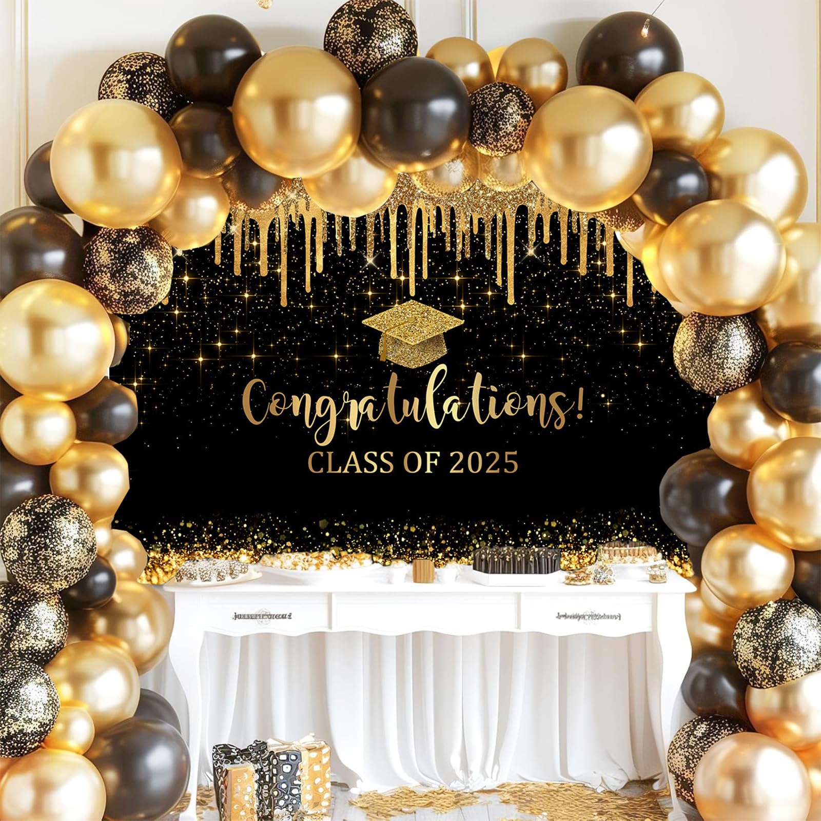 2025 Black & Gold Graduation Backdrop 7x5ft - Class of 2025 Congrats Grad Banner & Photo Background - Perfect for Graduation Parties, School Events & Photo Booths