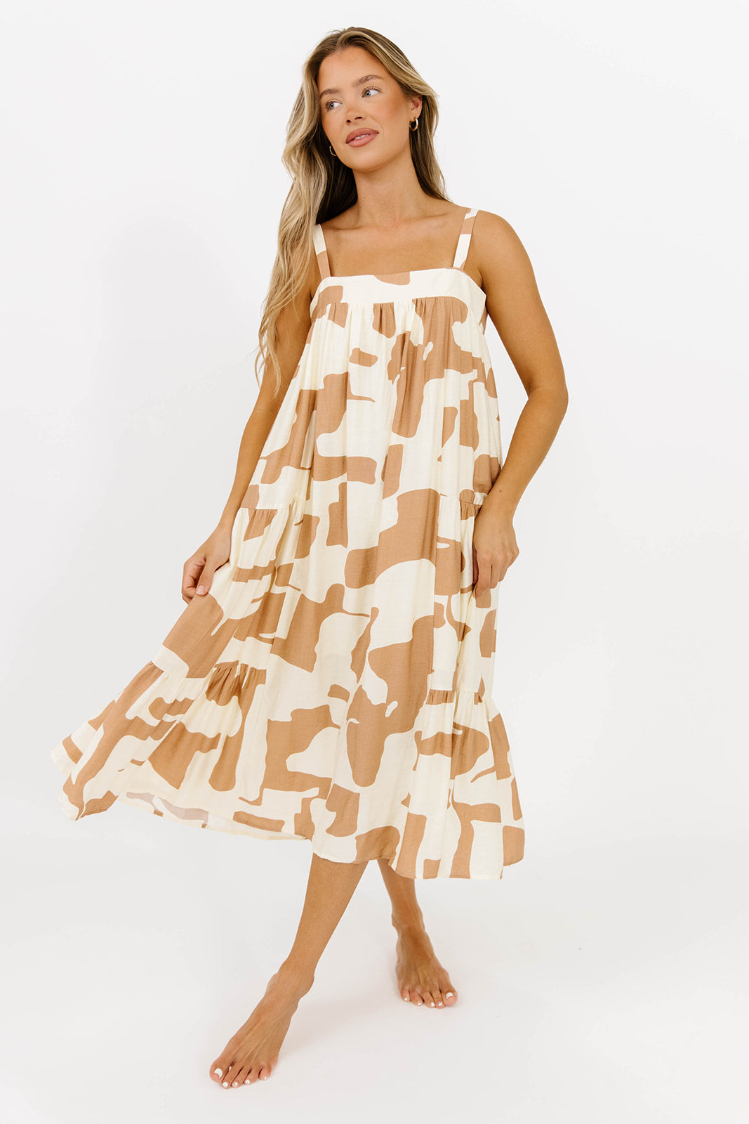 Padma Abstract Print Shirring Tiered Flowy Midi Dress in Ivory/Taupe - Elegant Boho Chic Dress for Women, Perfect for Summer Weddings, Beach Vacations & Date Nights