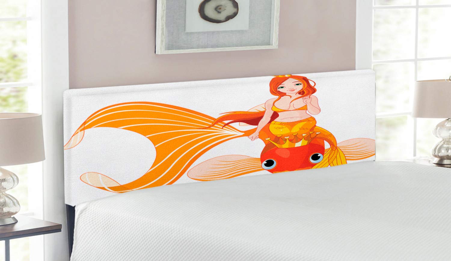 Ambesonne Underwater Themed Headboard - Cartoon Mermaid Riding Goldfish Design, Upholstered Metal Bed Headboard with Memory Foam, Queen Size in Orange Marigold White | Perfect for Kids' Bedrooms, Beach House Decor & Fantasy Themed Rooms