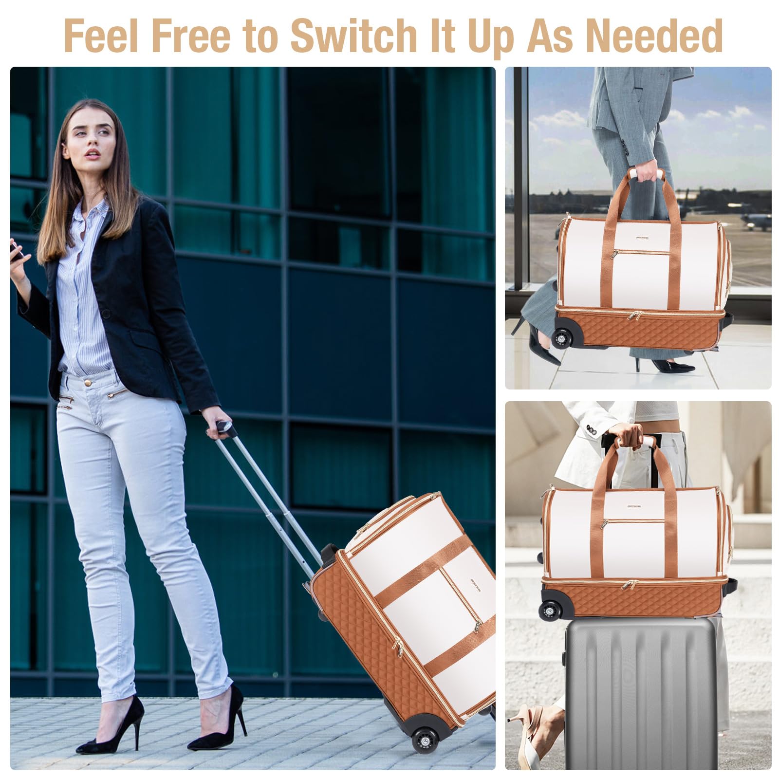 Rolling Garment Bag for Travel - Convertible Duffel Bag with Wheels & Shoes Compartment, Carry On Suitcase with Trolley for Business Trip, Wedding, Weekender (Beige) | Perfect for Air Travel, Business Meetings & Weekend Getaways