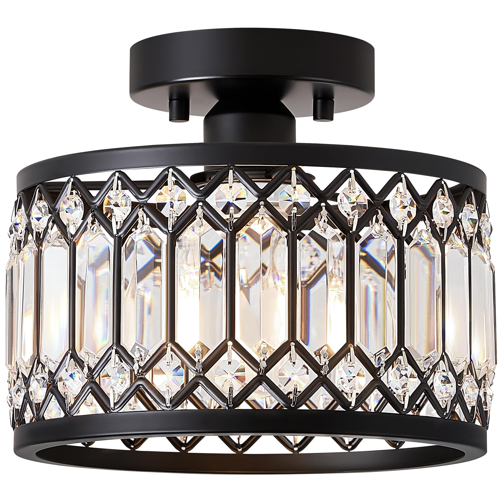 Modern Crystal Black Ceiling Light - 9 Inch Round Semi Flush Mount Lighting Fixture for Kitchen, Bedroom, Hallway & Entryway - Elegant 1-Light Design for Home & Office Decor
