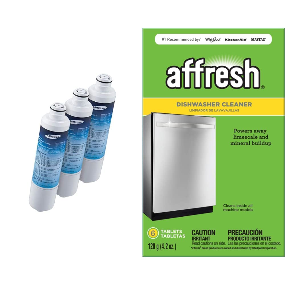 Samsung DA29-00020B Refrigerator Water Filter 3-Pack & Affresh Dishwasher Cleaner 6 Tablets - Compatible with All Dishwasher Models | Cleaner for Refrigerator Water and Dishwasher Maintenance | Home Kitchen Appliance Care Essentials