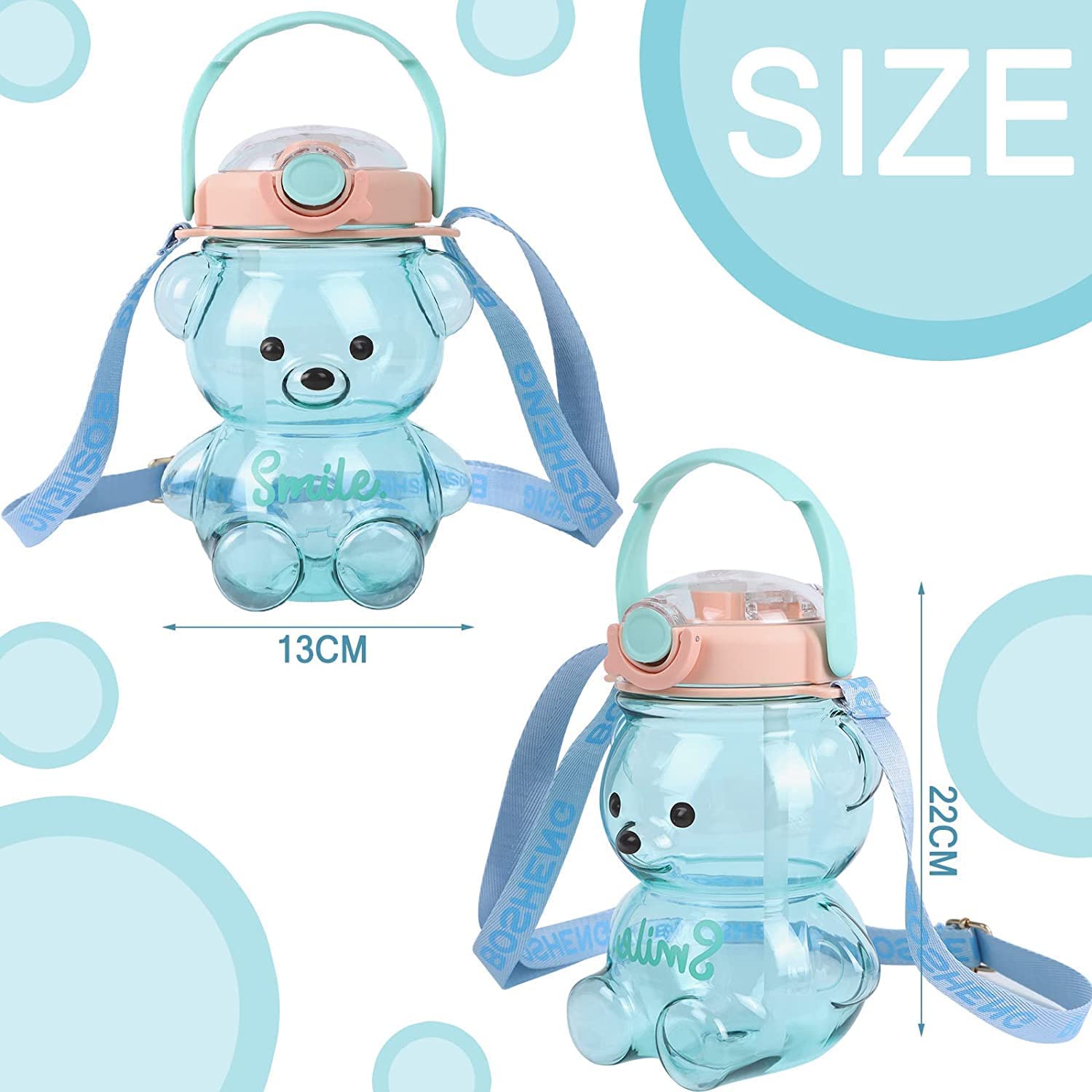 Spocco Smile Teddy Bear Water Bottle - Cute Portable Bear Shaped Bottle with Adjustable Strap & Secure Lock - 1000ml (WB04) - Perfect for School, Gym, Travel & Outdoor Activities
