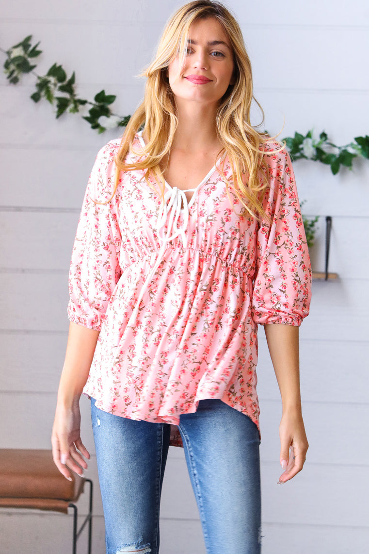 Pink Floral Stripe V-Neck Knit Top for Women - Casual Chic Blouse for Spring Outfits & Date Nights