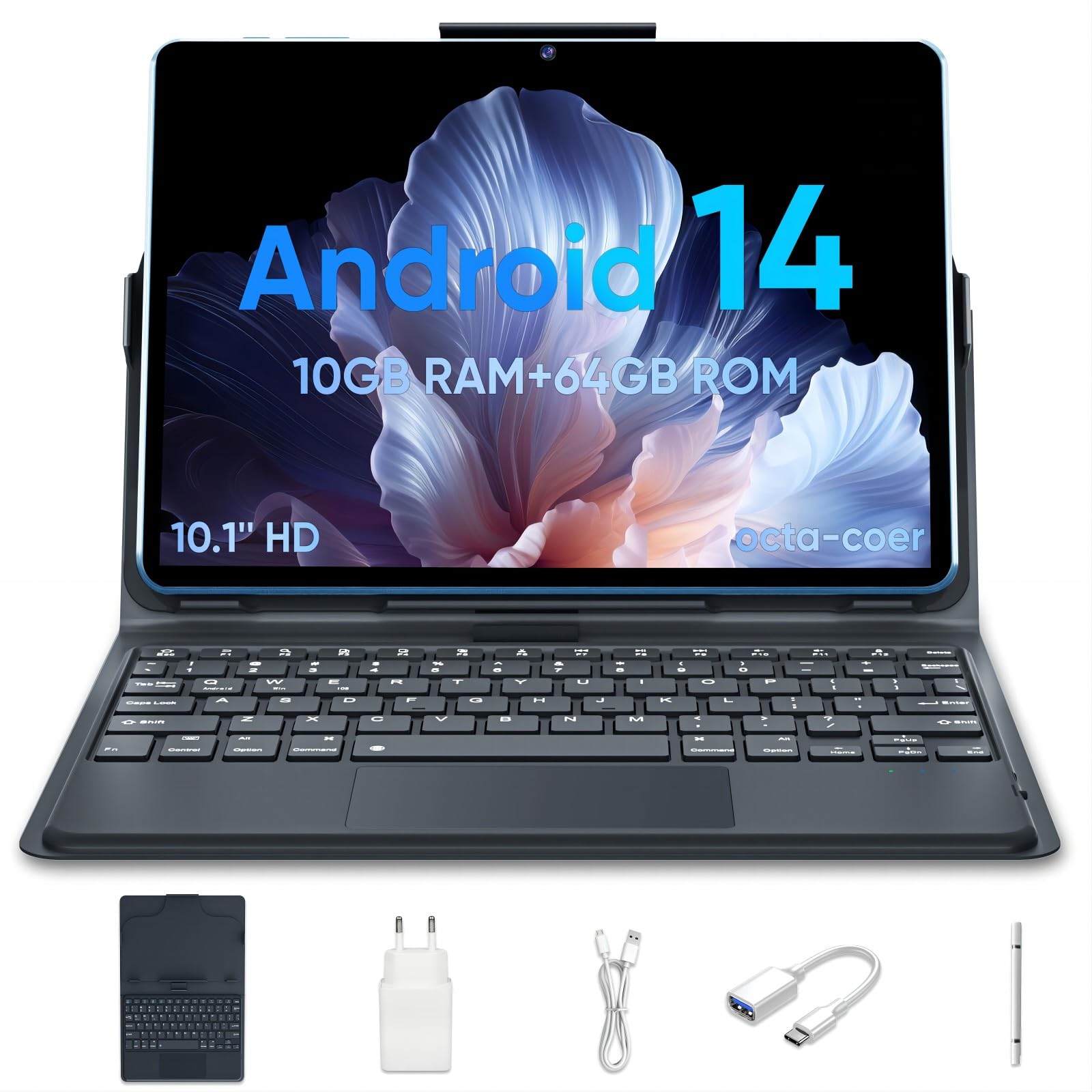 JIKOCXN Android 14 Tablet 10.1 Inch, 10GB RAM 64GB ROM, Octa Core Processor, 1280x800 FHD Touchscreen, 8000mAh Battery, GPS, WiFi, Dual Camera 5MP+8MP - Blue | Perfect for Work, Study, Streaming & Gaming On The Go