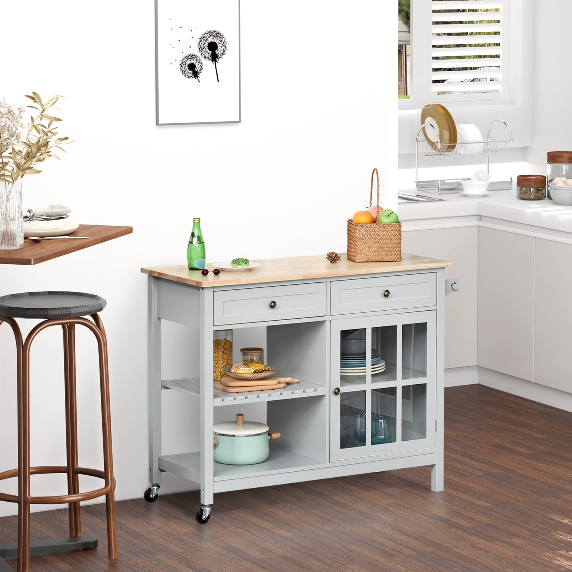 HOMCOM Rolling Kitchen Island with Storage - Solid Wood Top, Glass Door Cabinet, Adjustable Shelf & 2 Drawers - Mobile Kitchen Cart with Towel Rack for Dining Room & Small Spaces - Perfect for Meal Prep, Extra Counter Space & Organized Storage (Gray)