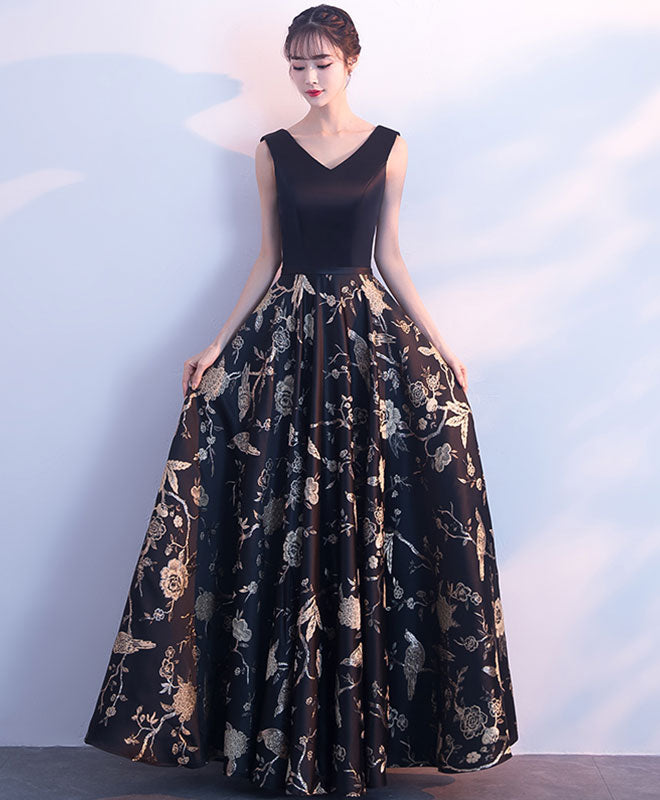 Elegant Black V-Neck Floral Long Prom Dress for Evening Gowns - Perfect for Prom Night, Formal Events & Special Occasions