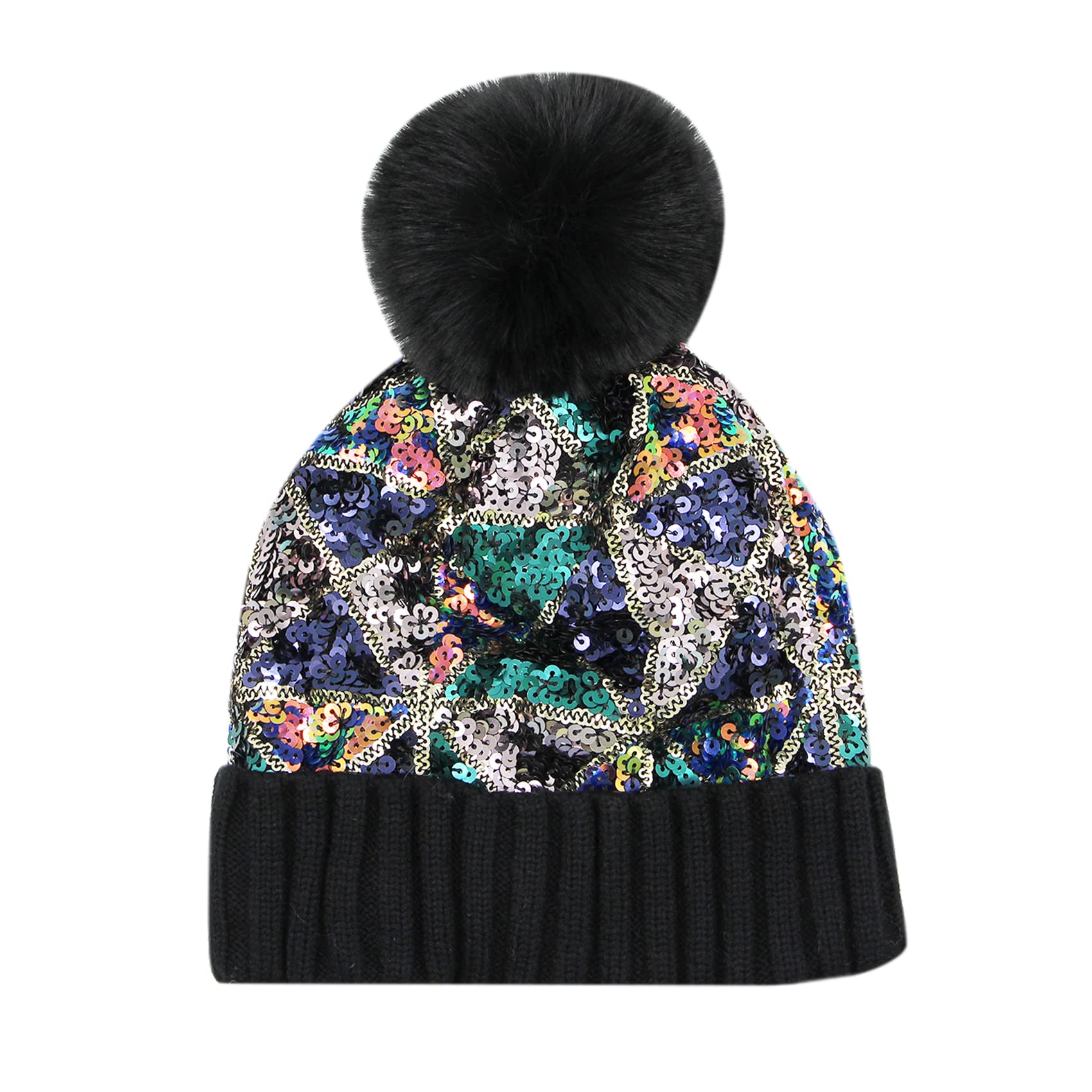 BOLLEY JOSS Women's Winter Beanie Hat with Glitter Sequins, Colorful Knit, Faux Fur Pompoms - Shiny Bling Skull Cap for Skiing, Snowboarding & Cold Weather Fashion