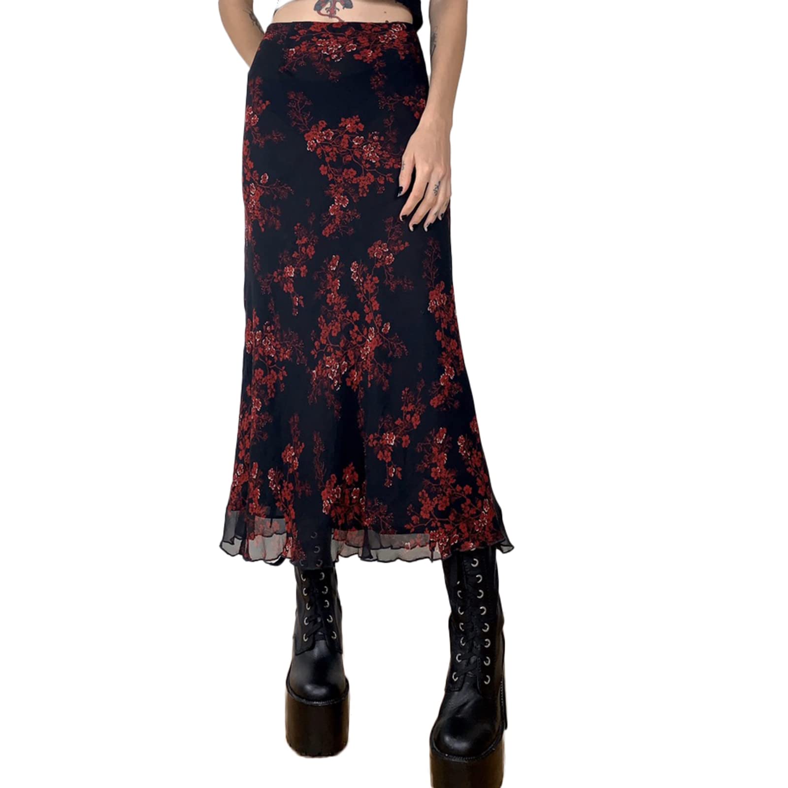 Vintage Boho Printed Long Skirt for Women - Chiffon Summer Beach Maxi Skirt with Elastic High Waist | A-Line Pencil Skirt for Streetwear, Date Night & Vacation Outfits
