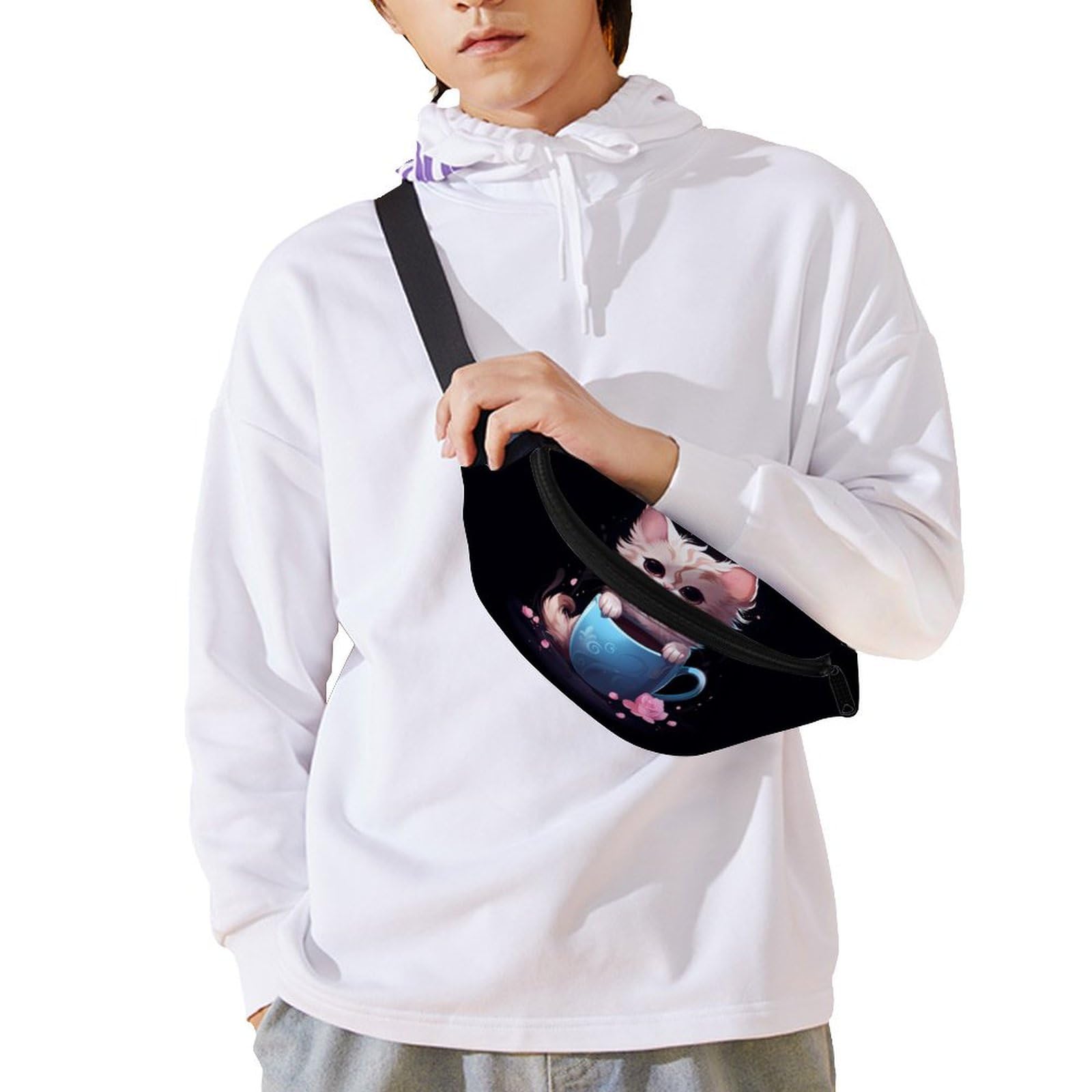 Adjustable Waist Bag & Crossbody Pouch - Stylish Cup Cat in Teacup Design for Women & Men | Perfect for Travel, Concerts, and Everyday Use