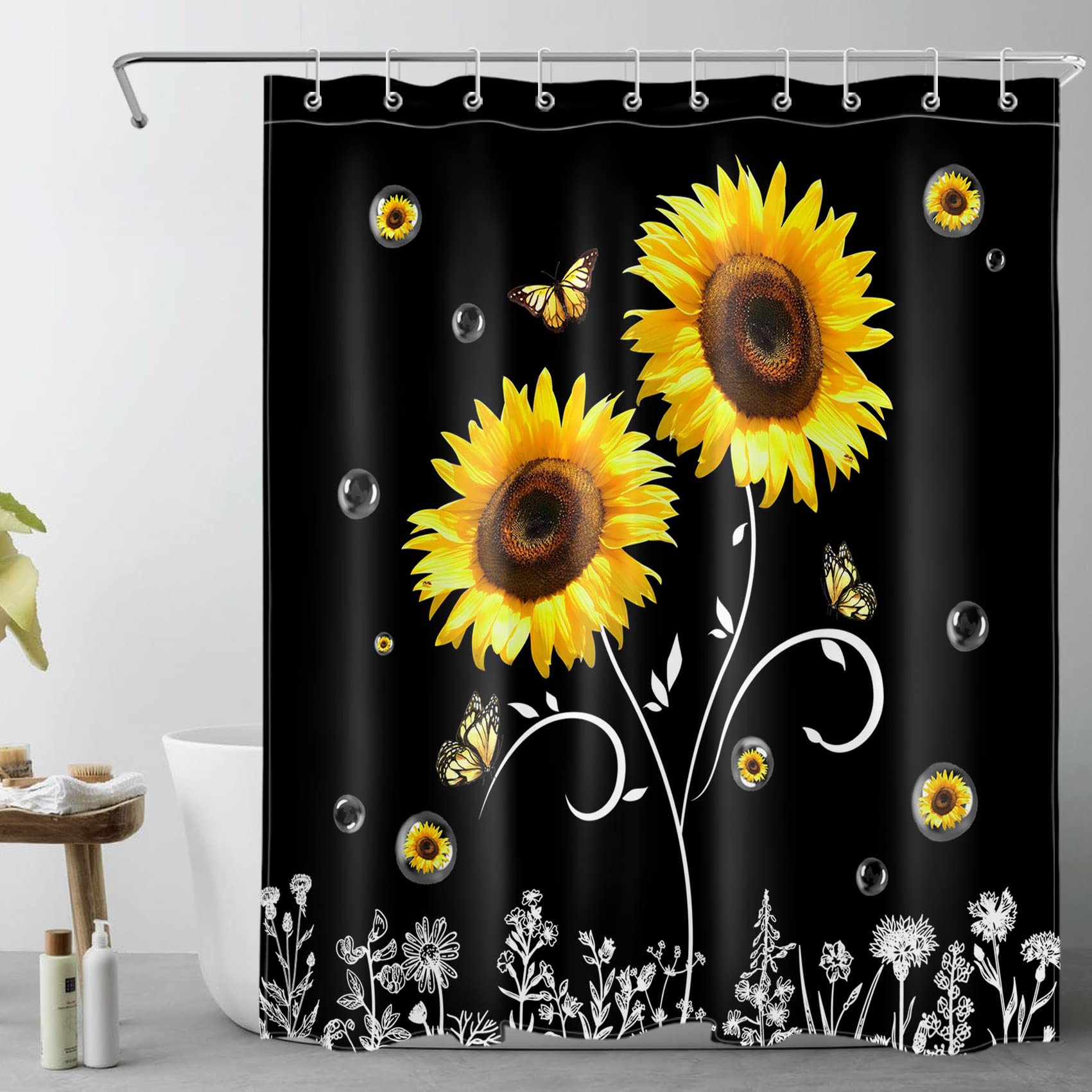 HVEST Sunflower Shower Curtain - Yellow Butterfly Floral Bathroom Decor with Hooks, 60x72 Inch Boho Botanical Polyester Fabric Bath Curtain for Spa-Like Shower Experience | Waterproof & Easy to Clean