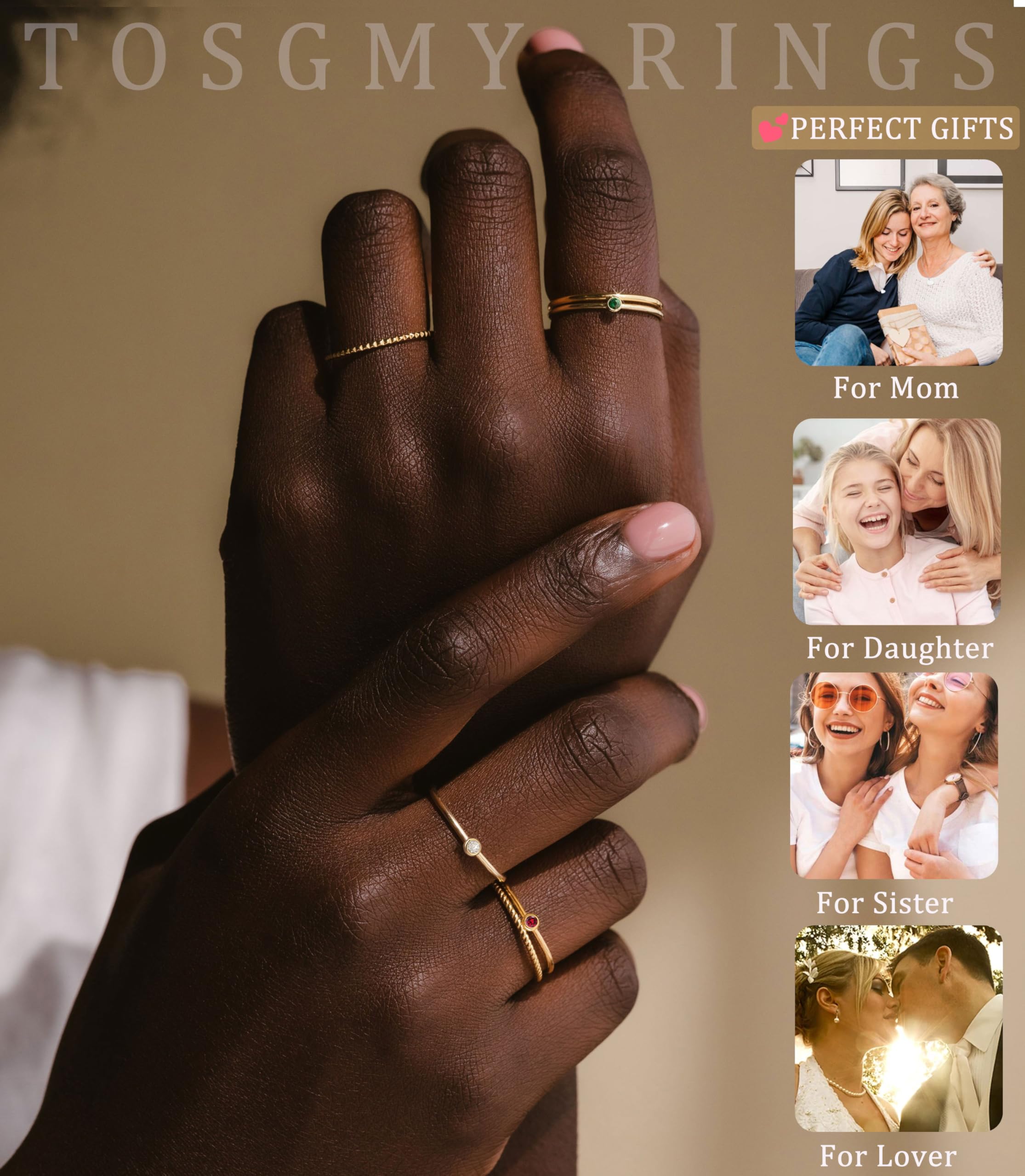 14K Gold Plated Sterling Silver Birthstone Rings for Women - Non Tarnish Stackable Dainty Emerald Green & Blue CZ Gemstone Jewelry | Perfect Birthday Gift for Mom, Daughter & Bridesmaids | Elegant for Weddings, Anniversaries & Everyday Wear