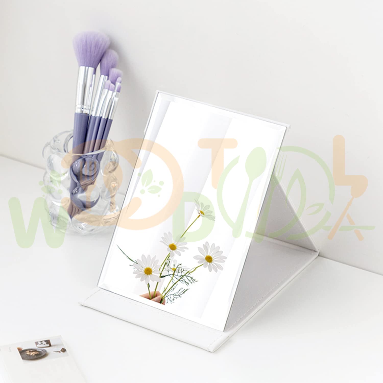 WOODTULA Portable Folding Makeup Mirror - HD Vanity Mirror with Stand, Compact Travel Mirror for Home & On-the-Go (White) - Perfect for Bedroom Dressing Table, Hotel Travel & Gift Giving