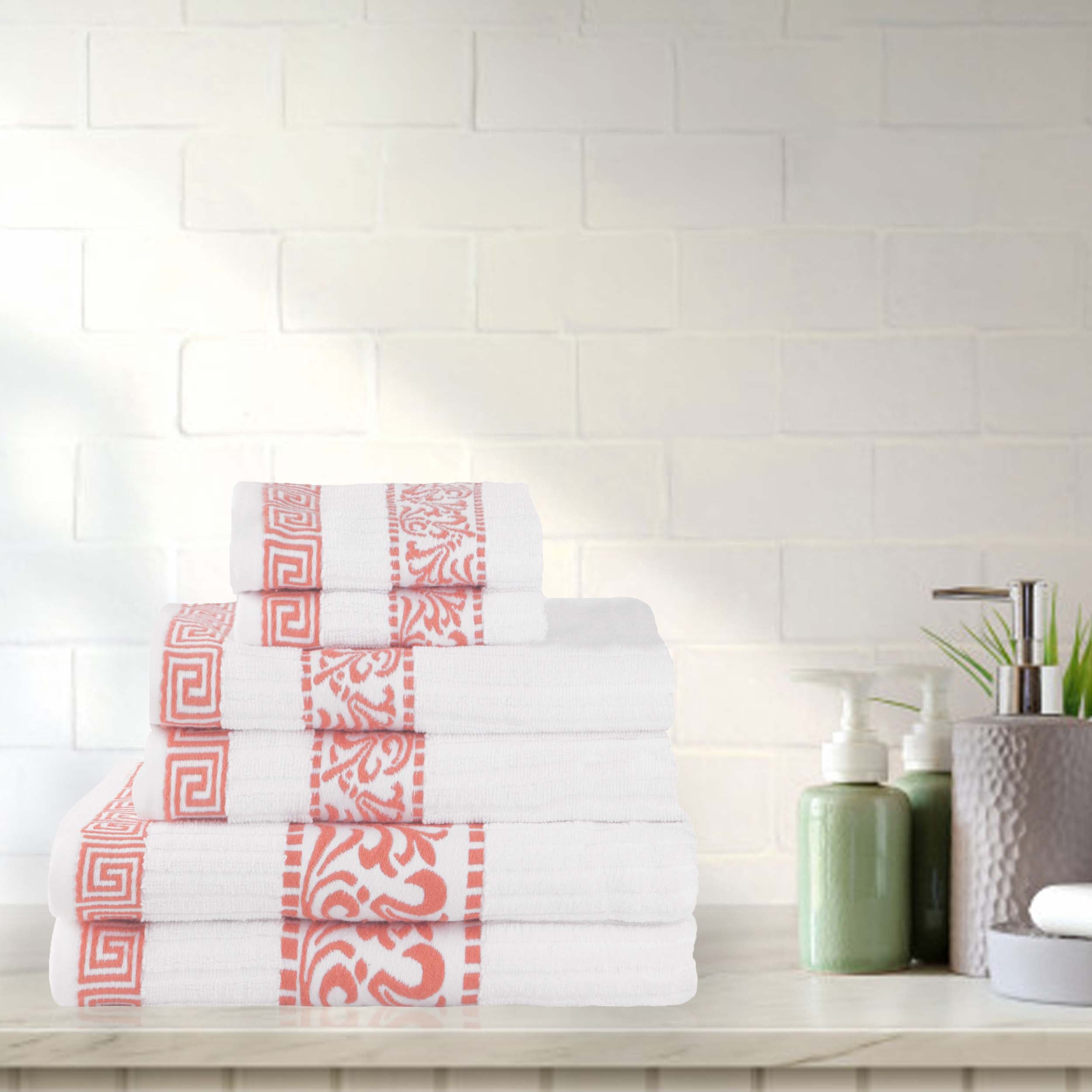 Athens Cotton Greek Scroll and Floral 6-Piece Bath Towel Set - Soft & Absorbent for Bathroom, Spa, and Beach Use