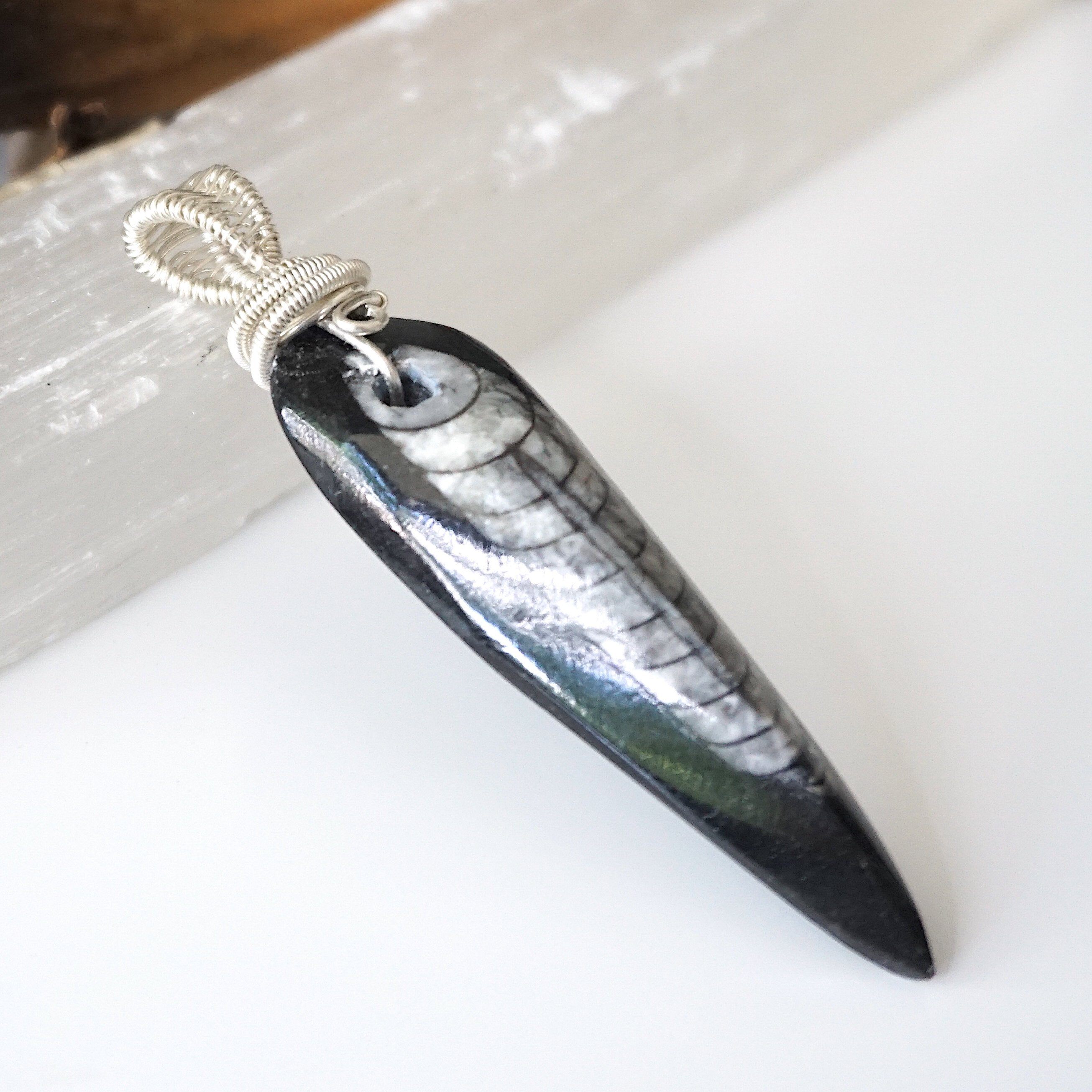Black Fossil Arrowhead Necklace - Sterling Silver Wire Wrap Pendant Jewelry for Men & Women | Perfect for Outdoor Adventures, Nature Lovers & Unique Gift Giving