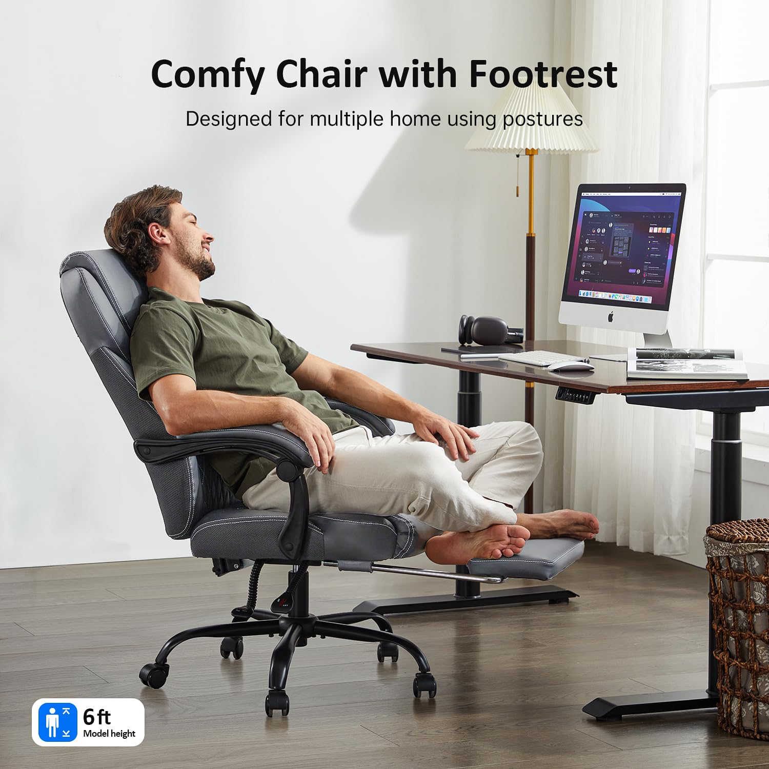 Big and Tall Ergonomic Office Chair with Footrest - High Back Reclining Leather Desk Chair with Lumbar Support for Home Office (Gray) | Comfortable Seating for Long Work Hours & Remote Work