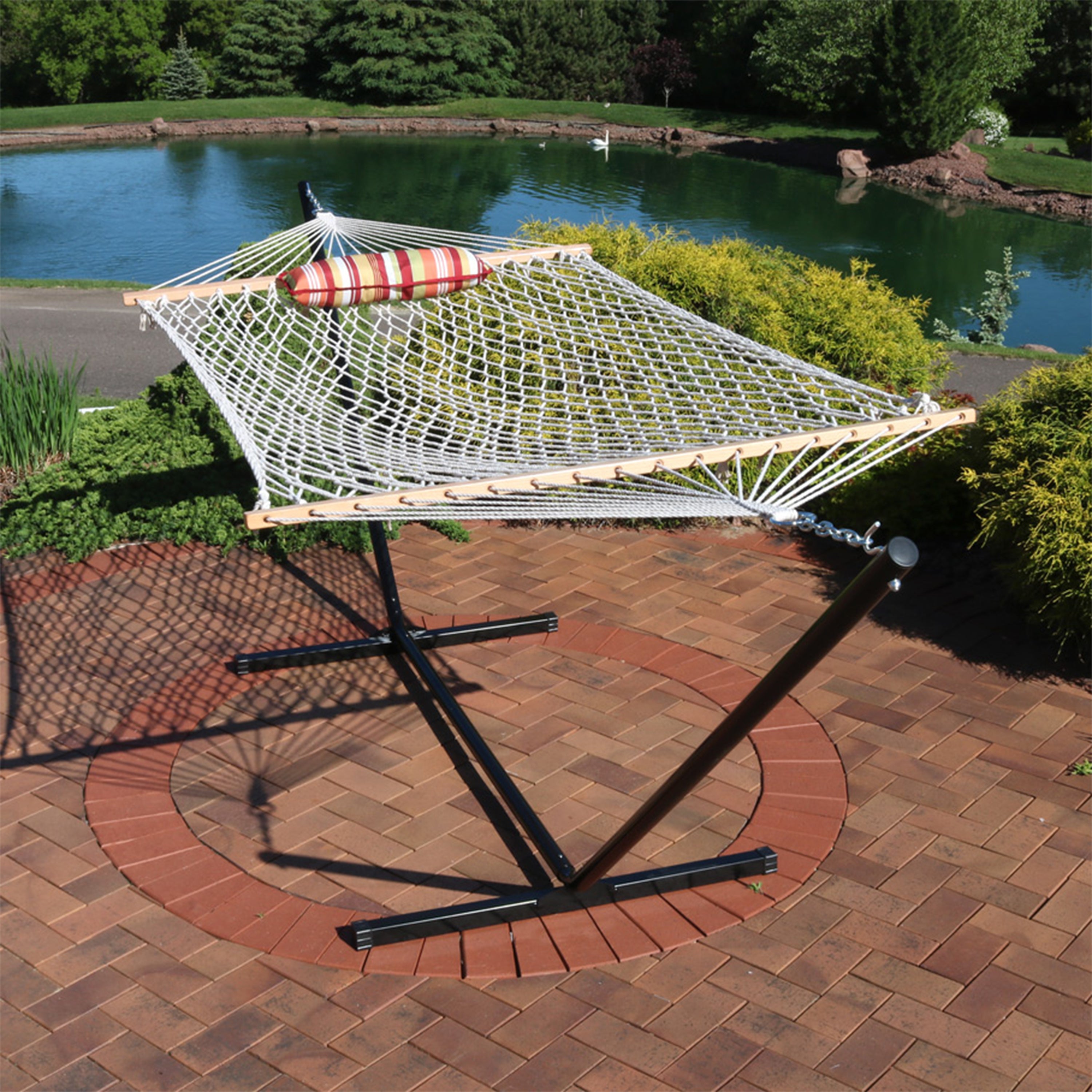 Premium Sunnydaze Rope Hammock with 12-Foot Steel Stand, Comfortable Pad & Pillow - Perfect for Backyard Relaxation, Beach Lounging & Outdoor Camping
