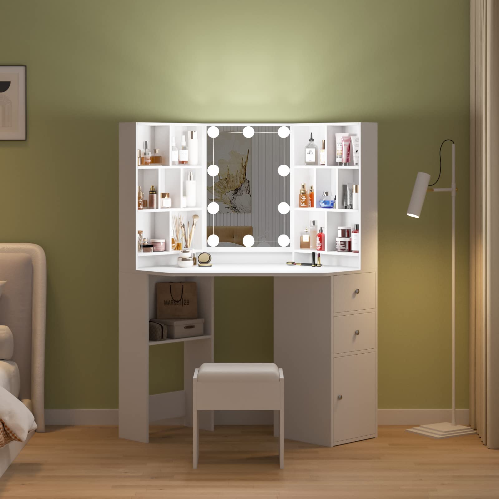 Fameill White Corner Makeup Vanity Desk with LED Lighted Mirror - 46 Inch Dressing Table with 3 Adjustable Lighting Modes & Ample Storage for Bedroom - Perfect for Makeup Application, Skincare Routine, and Home Decor
