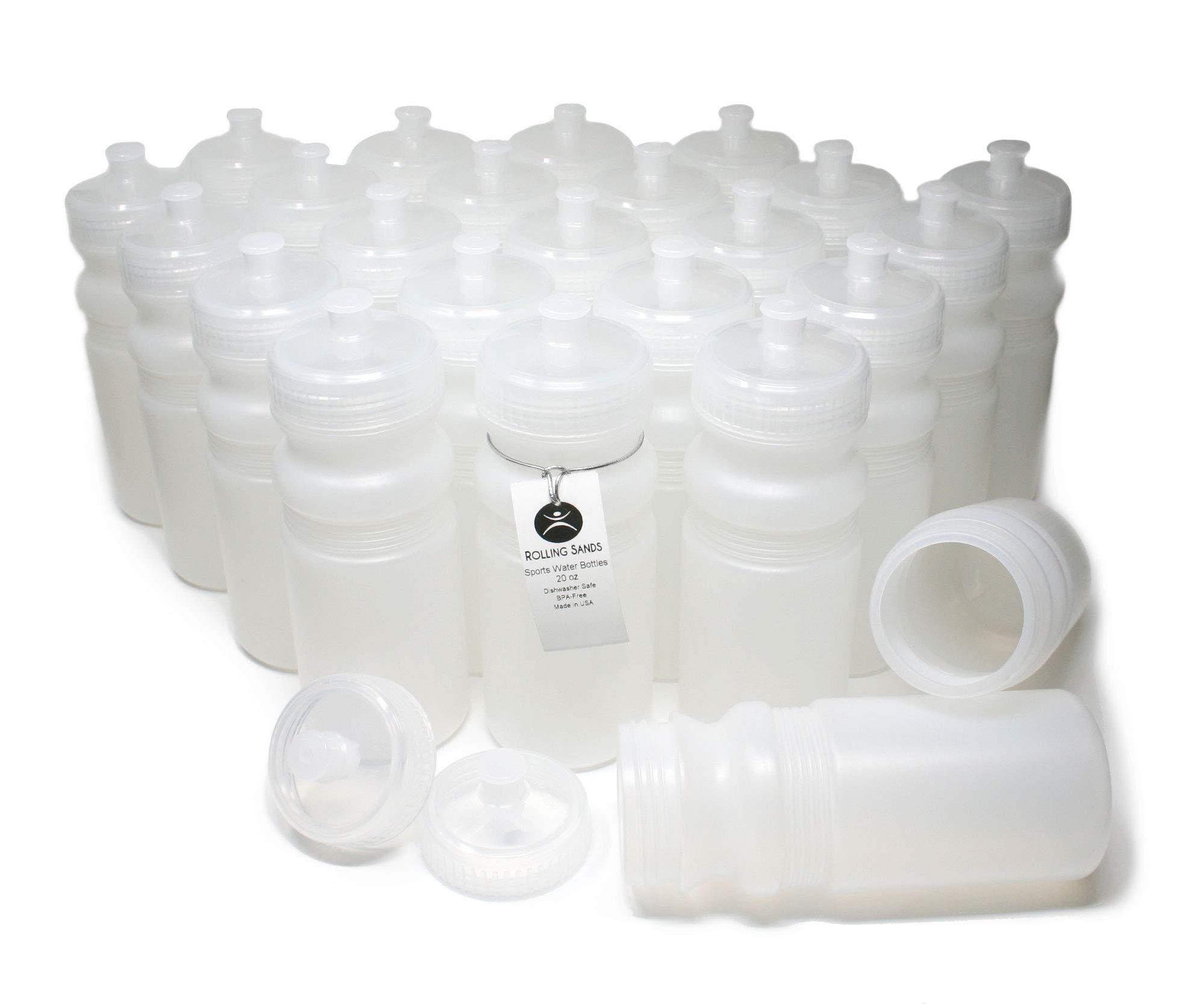 Rolling Sands 20oz BPA-Free Sports Water Bottles 24 Pack - Clear Frost Bottles with Clear Lids - Dishwasher Safe, Made in USA - Perfect for Gym, Hiking, Camping & Outdoor Activities