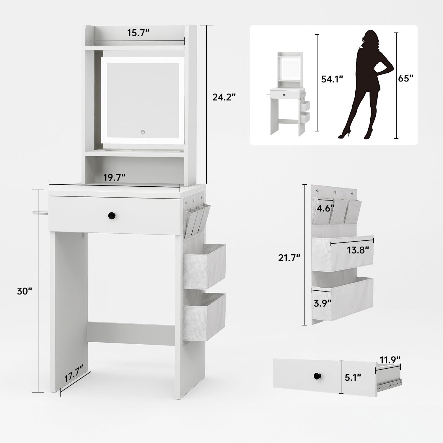 Small White Vanity Desk with 3 Adjustable LED Lighted Mirror & Power Outlet - Compact Makeup Dressing Table with Storage Side Bag for Bedroom - Perfect Mini Vanity Set for Small Spaces, Apartments & Dorm Rooms