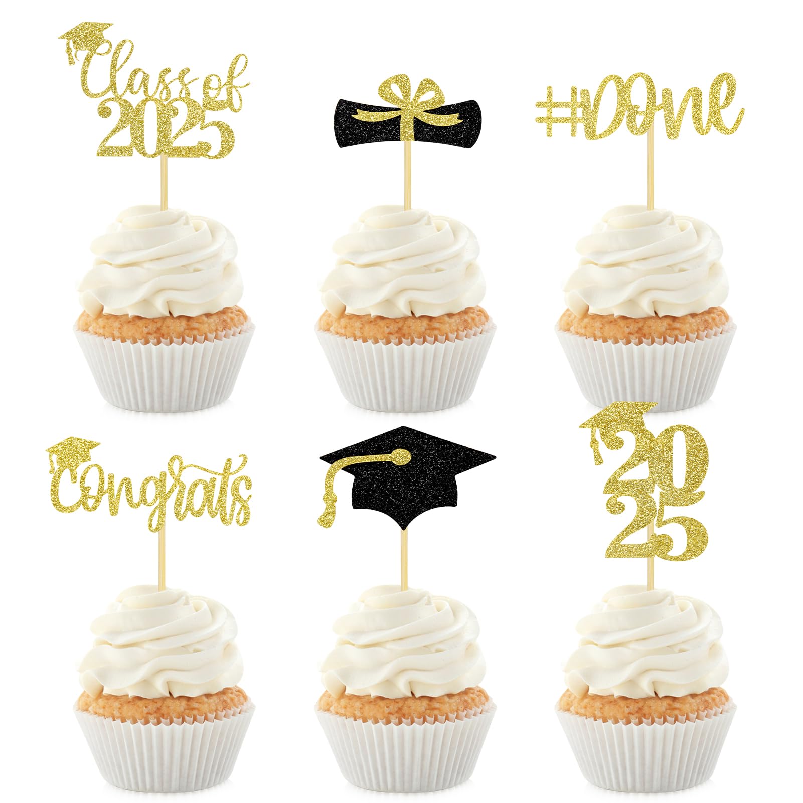 24Pcs Gold Glitter Graduation Cupcake Toppers for Class of 2025 - Party Decorations & Graduation Supplies - Perfect for Graduation Ceremony, Party Favors, and Dessert Table Decor