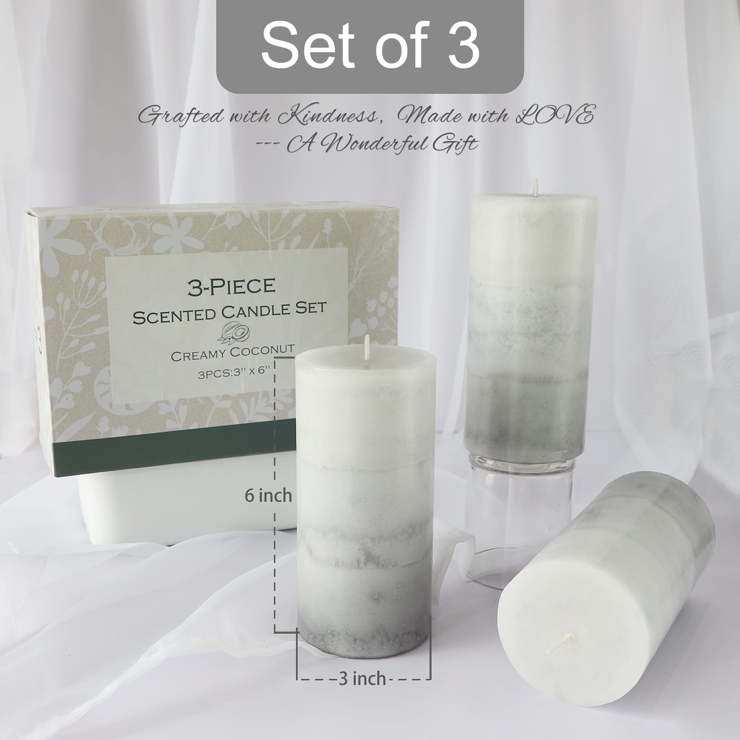 Premium White Pillar Candles - Set of 3 Aromatherapy Scented Candles (3x6 Inch) | Rustic Grey Home Decor Candles | Clean Burning Dripless Coconut Scented Candles for Relaxation, Meditation & Romantic Ambiance