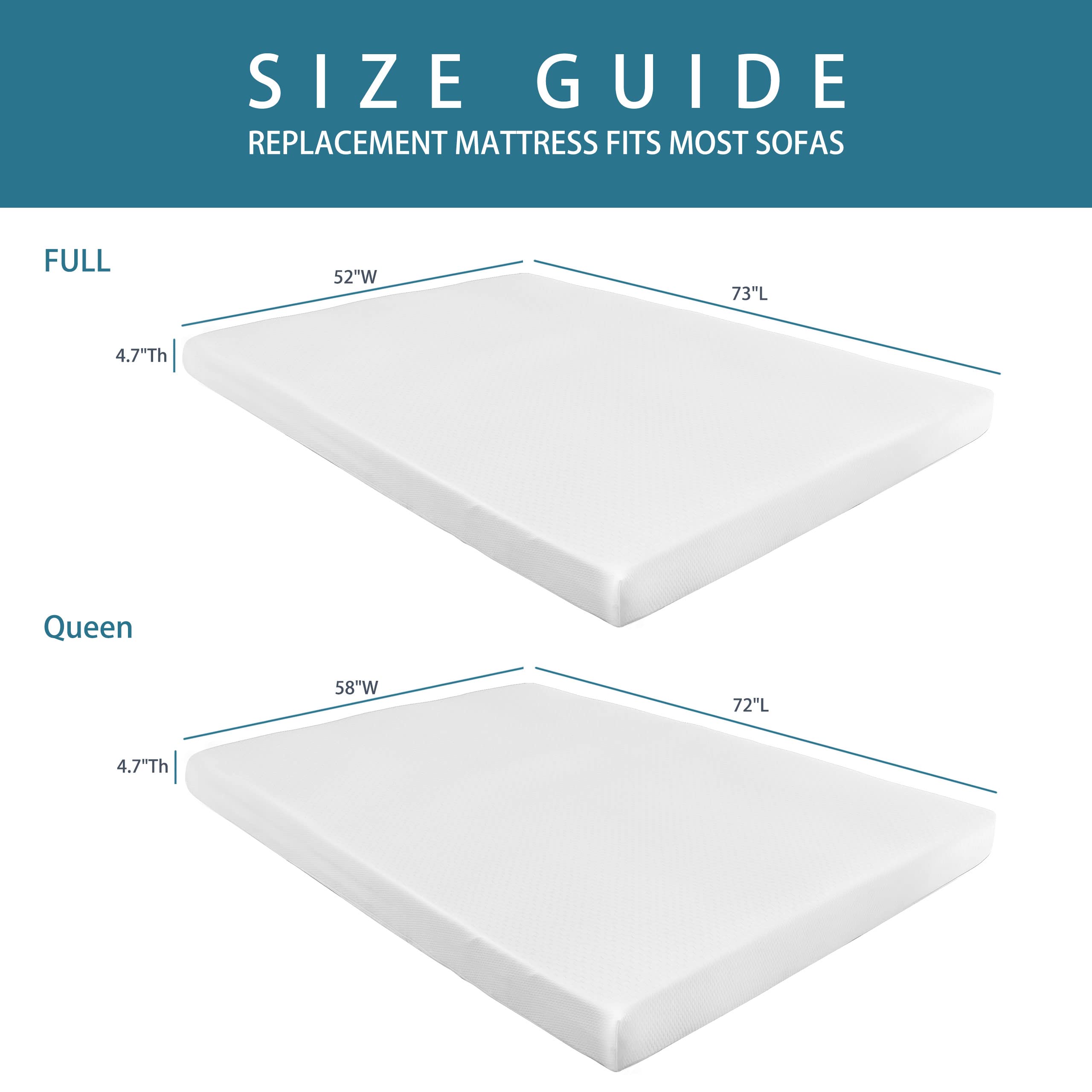 4.7 Inch Queen Size Memory Foam Mattress Topper - CertiPUR-US Certified, Washable Cover for Sleeper Sofa & Couch Beds (Sofa Not Included) - Perfect for Guest Rooms, Dormitories & Home Comfort