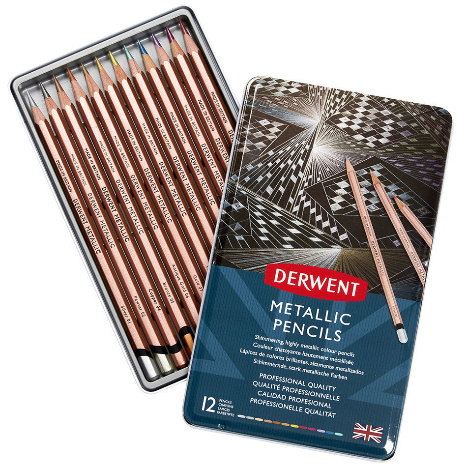 Derwent Metallic Colored Pencils Set of 12 - Premium Art Supplies for Drawing, Sketching & Adult Coloring Books | Perfect for Artists, Students & Craft Enthusiasts