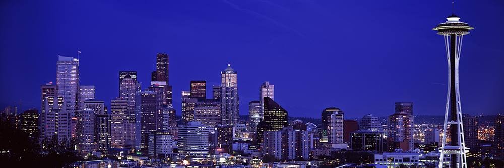 Self-Adhesive Seattle Skyline Wall Mural - Nighttime Skyscrapers Peel & Stick Wallpaper (48x16 inches) for Bedroom, Living Room & Office Decor