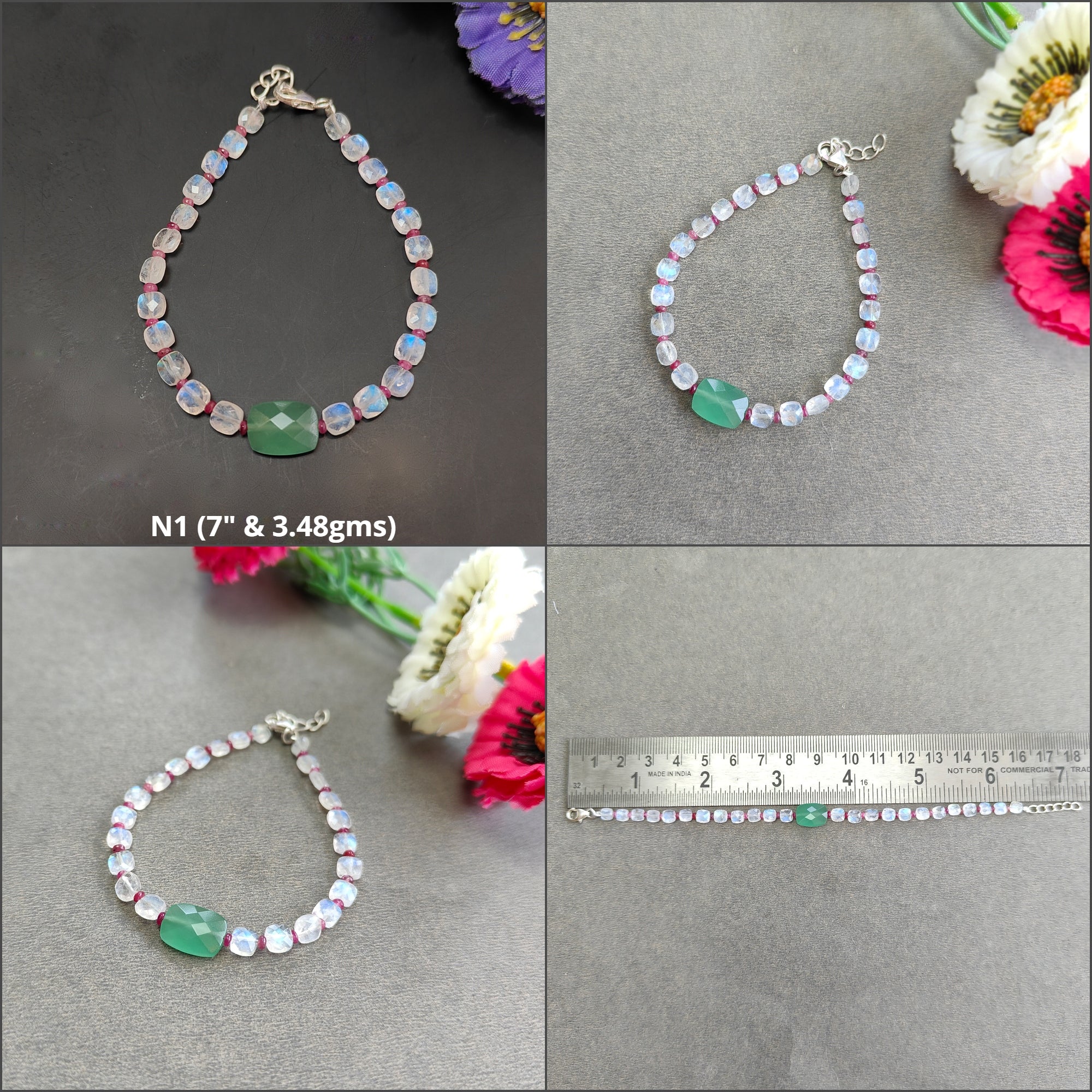Green Quartz Rainbow Moonstone Red Ruby 925 Sterling Silver Beaded Bracelet - Gemstone Beads Briolette Checker Cut for Women's Jewelry, Healing Crystal, Meditation & Spiritual Gifts