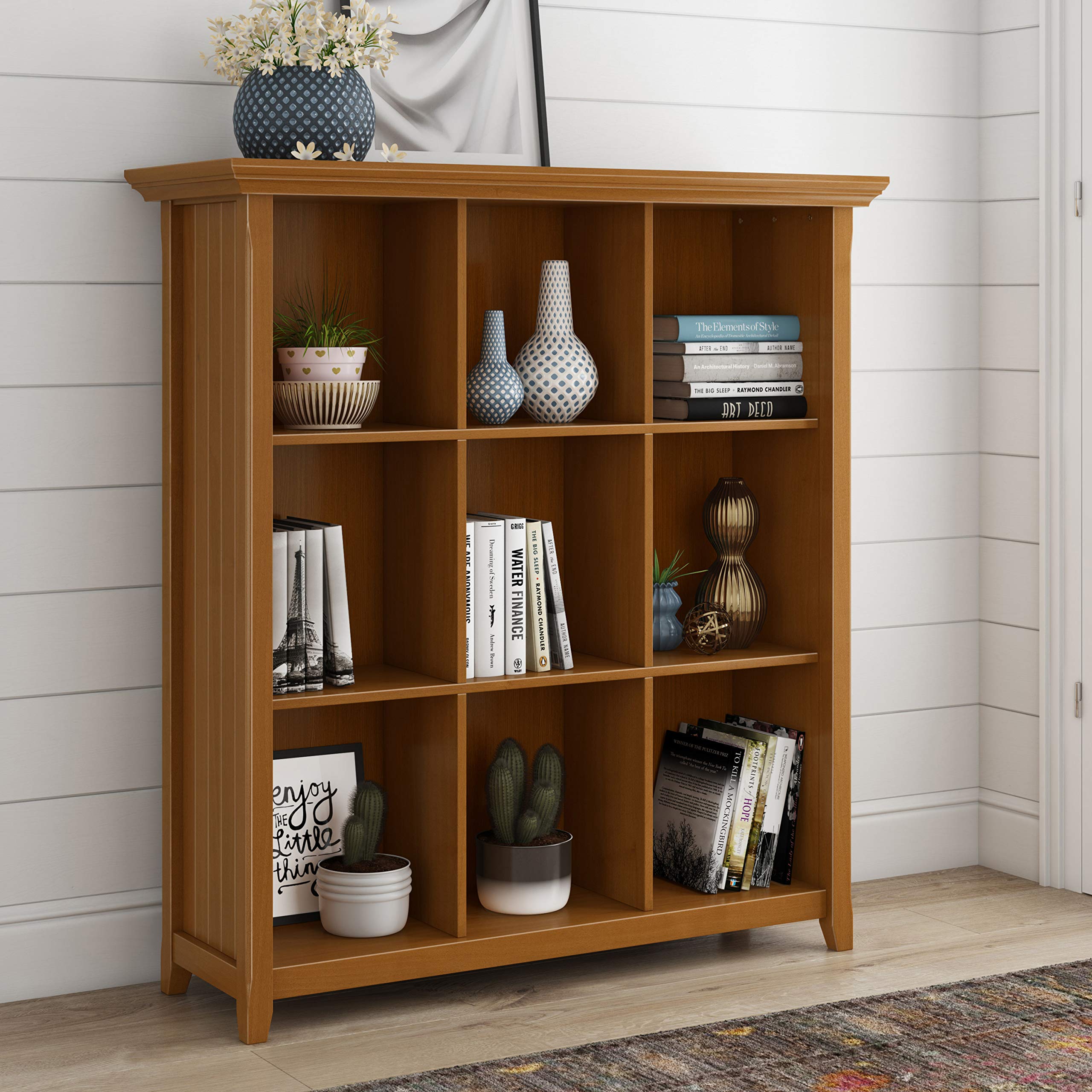 SIMPLIHOME Acadian 44 Inch Solid Wood 9-Cube Bookcase & Storage Unit, Light Golden Brown - Transitional Style for Living Room, Study, Office & Home Organization