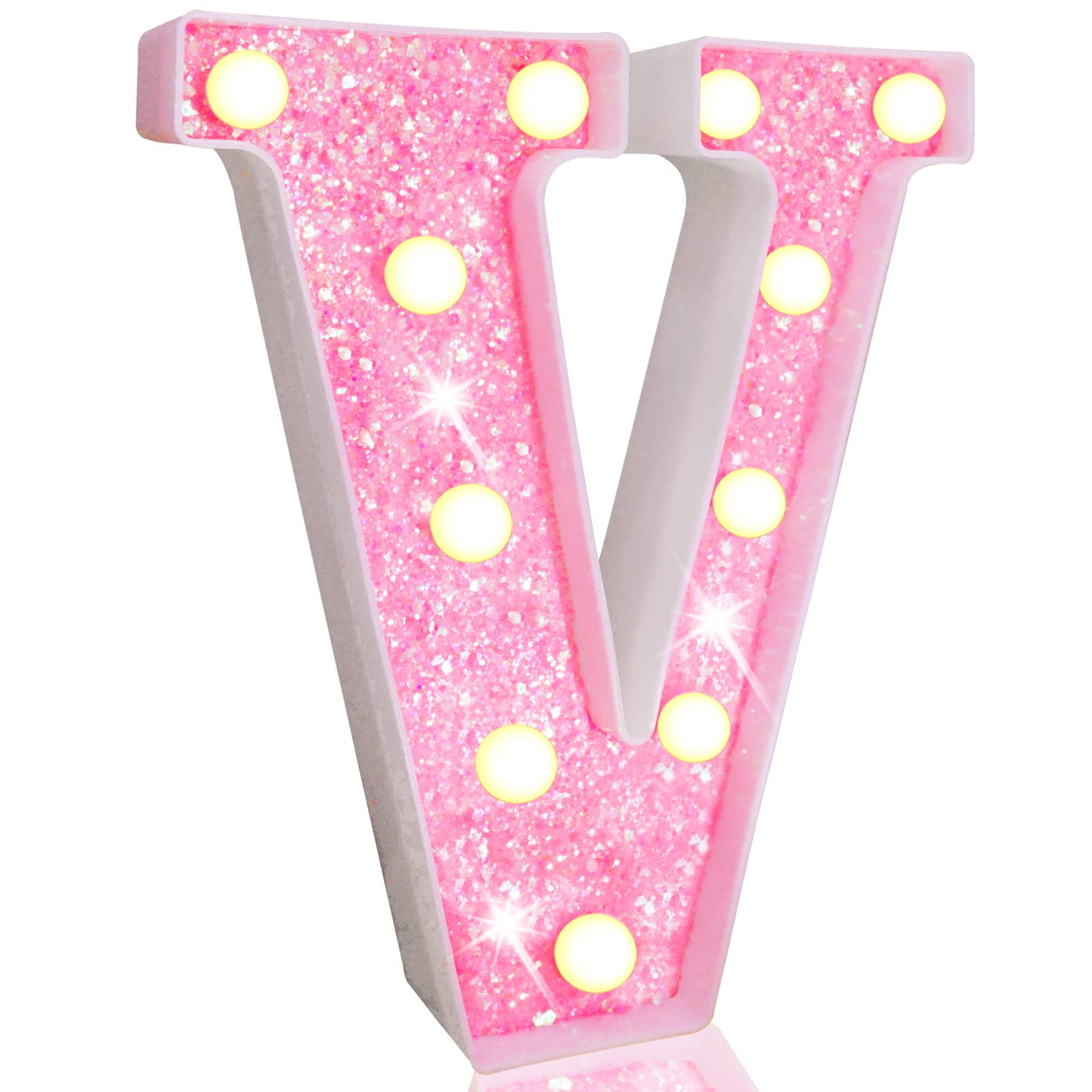 Pooqla LED Marquee Letter Lights - Pink Glitter Alphabet Sign with Battery Power for Night Light, Birthday Party, Wedding, Girls Gifts, Home Bar & Christmas Decoration - Perfect for Bedroom, Nursery, Photo Booth & Event Backdrop (Letter V)