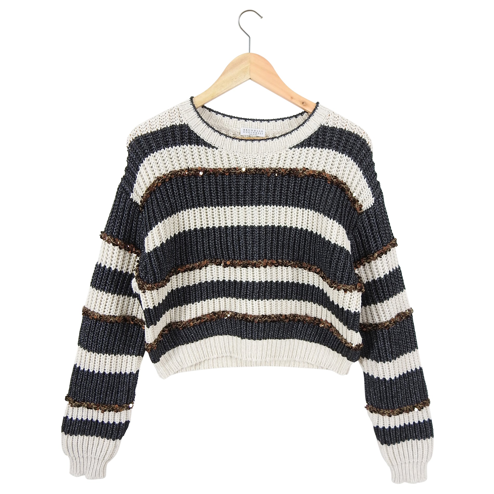 Brunello Cucinelli Grey Ivory Striped Sequin Crop Sweater - Elegant Party Top for Women | Perfect for Night Out, Dinner Date & Special Occasions