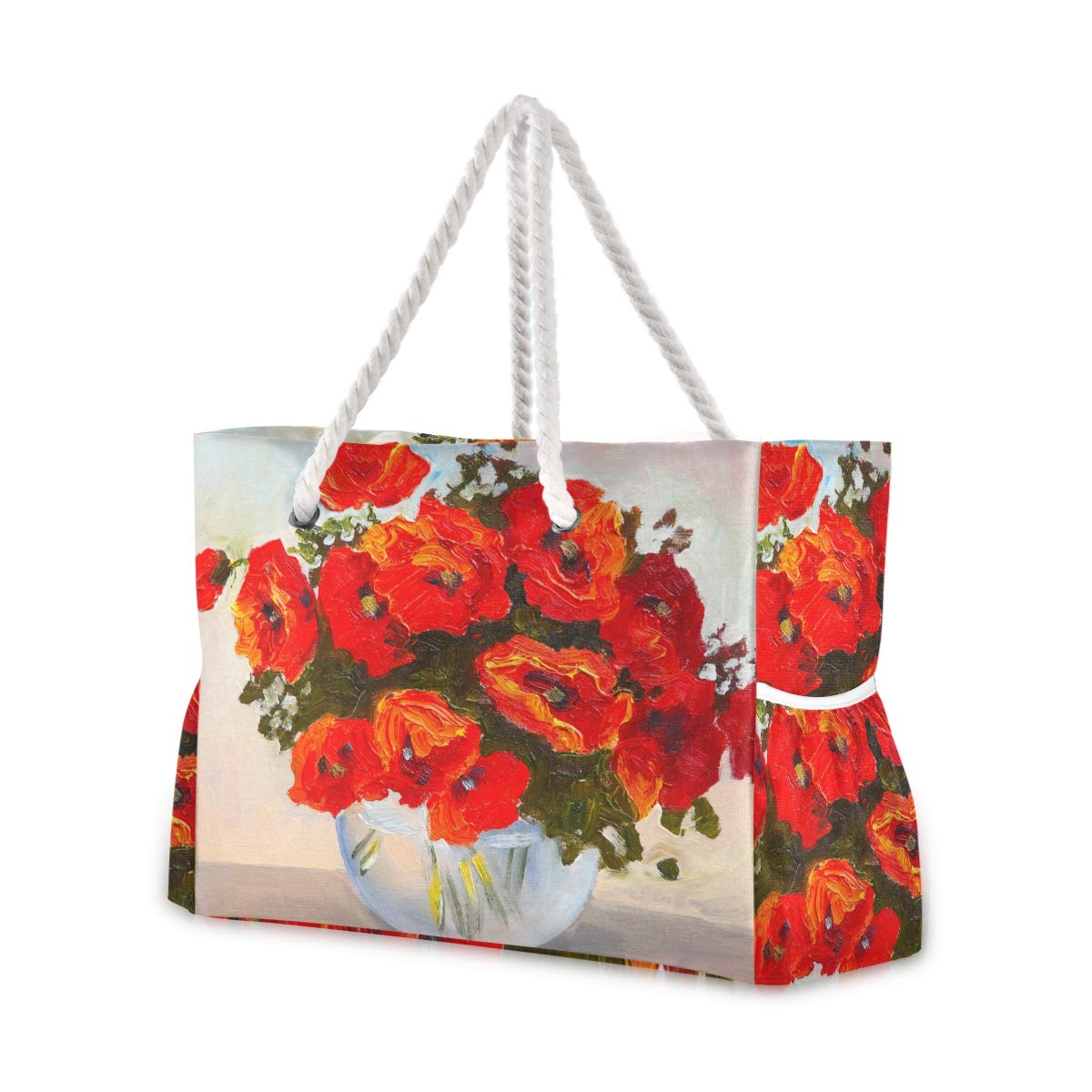 **Large Waterproof Canvas Beach Tote Bag with Poppies In A Vase Print - Durable Shoulder Bag for Gym, Travel, Shopping & Daily Use - Perfect for Pool, Beach & Outdoor Activities**