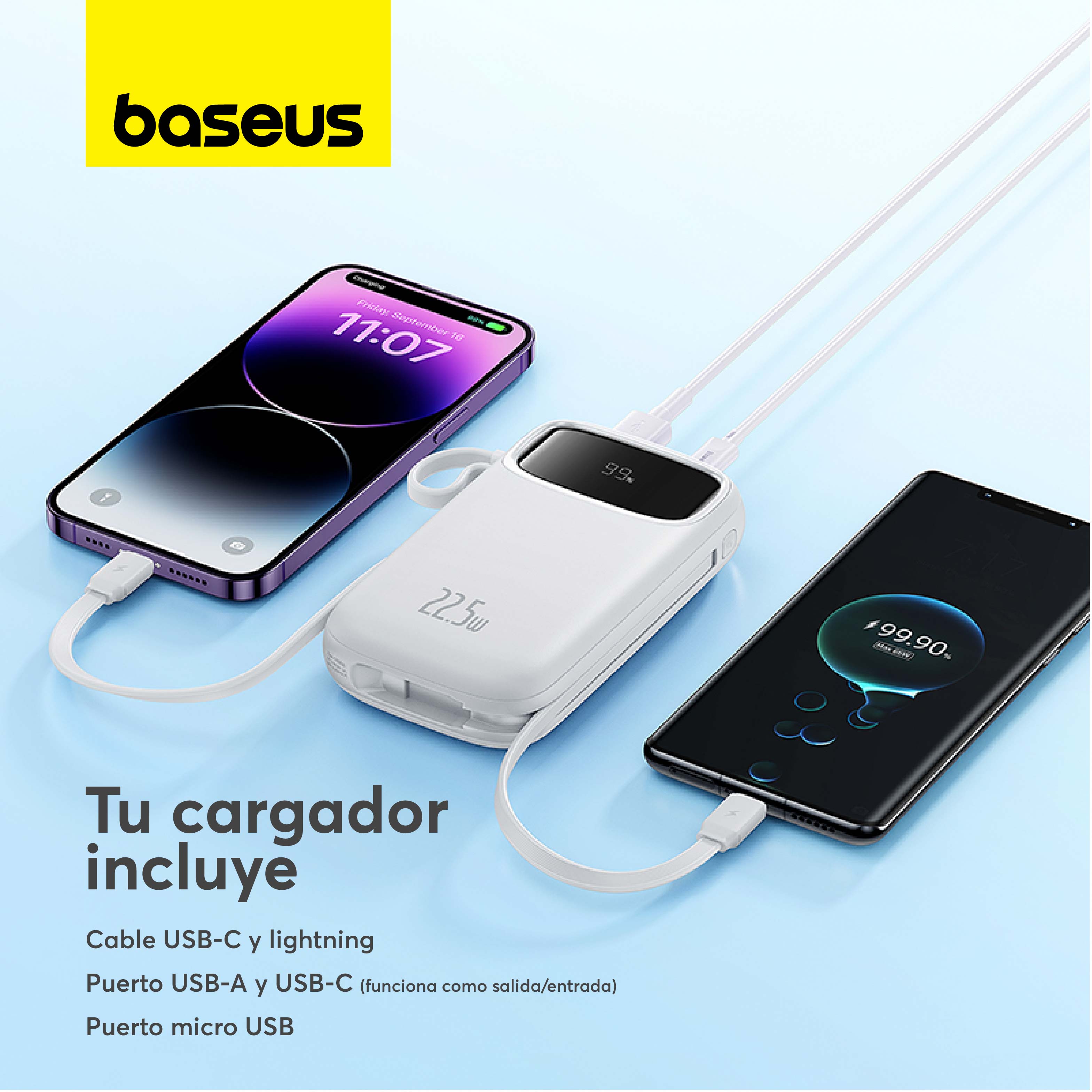 Baseus Qpow2 10000mAh Power Bank with Digital Display - 22.5W Fast Charging, Includes Lightning & Type-C Cables (White) - Perfect for Travel, Camping & Emergency Charging