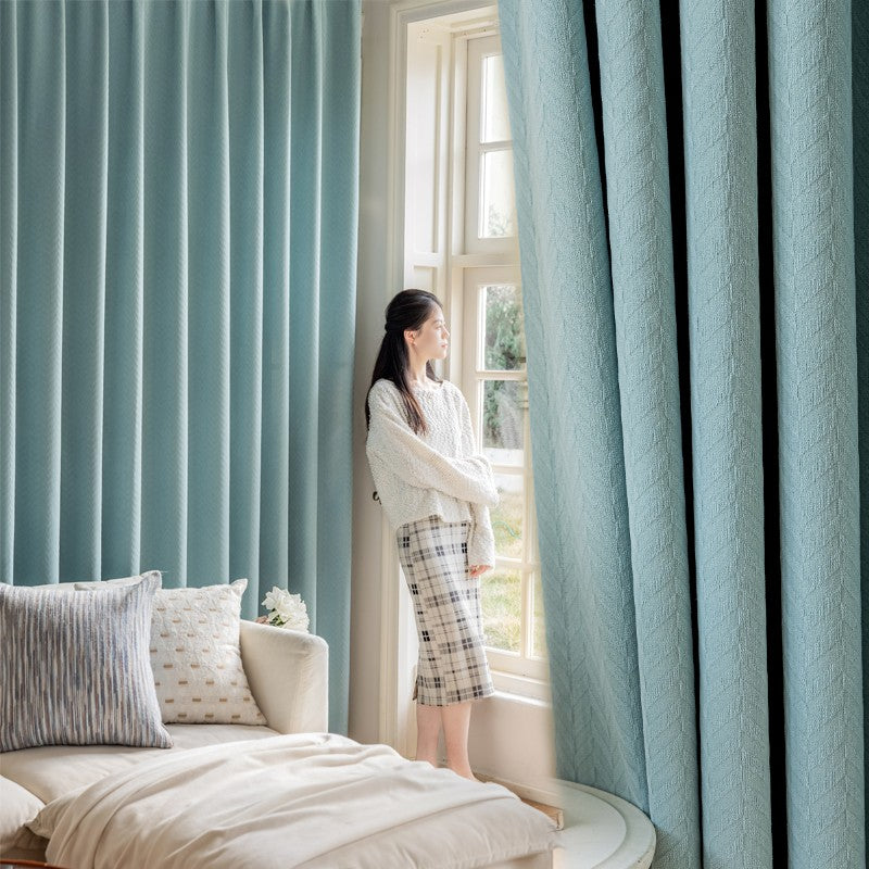 Priscilla Sky Blue Chenille Jacquard Blackout Thermal Curtains - Energy Efficient, Noise Reducing, Custom Size for Living Room & Bedroom