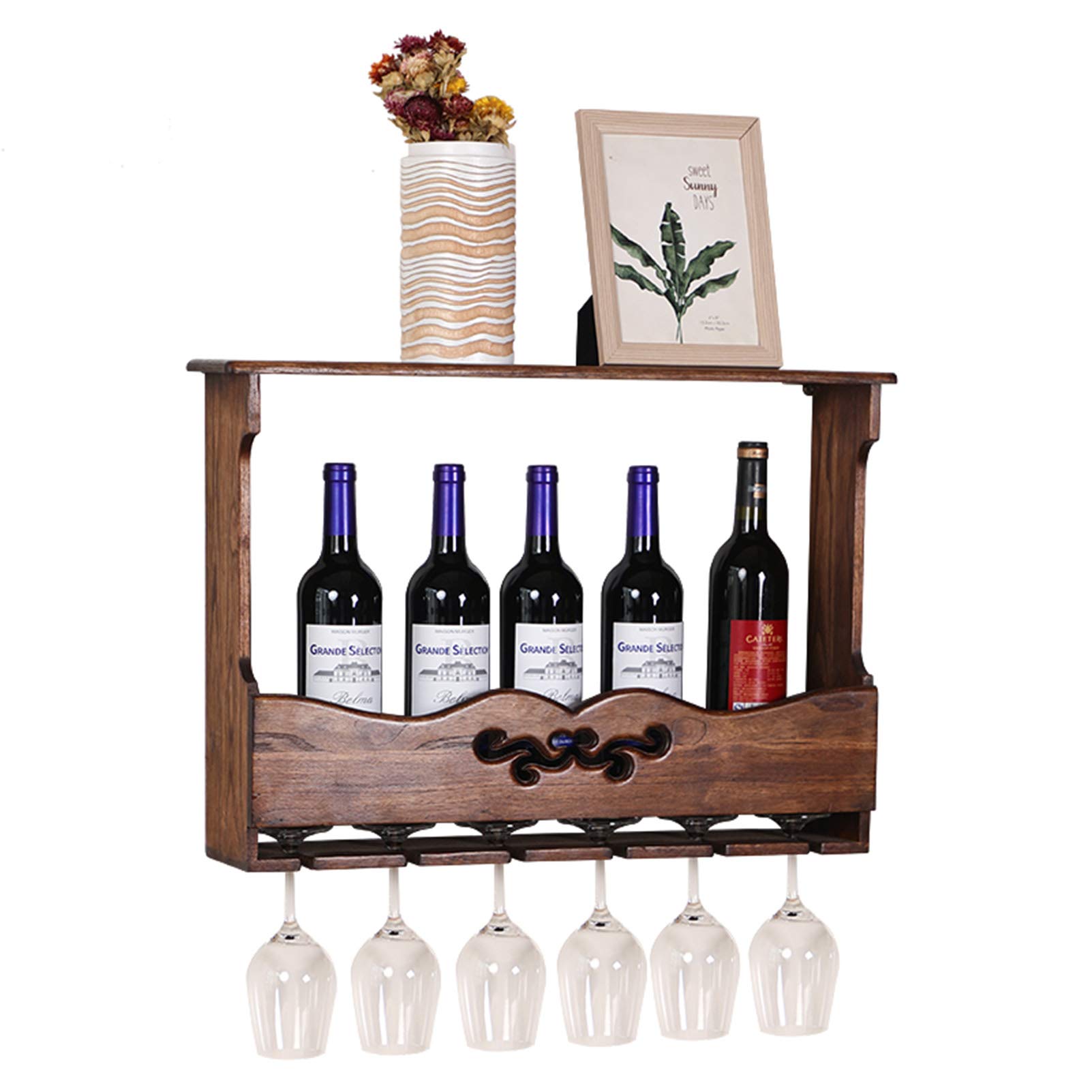 Farmhouse Wall Mounted Wooden Drinks Rack - Wine & Whiskey Bottle Shelf for Kitchen, Bar, Dining Room Decor - Fully Assembled Rustic Home Storage Solution