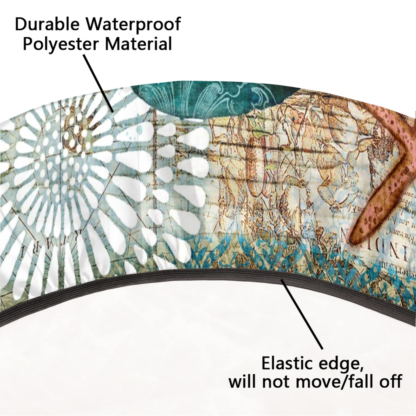 Elastic Edge Round Tablecloth - Ocean Nautical Seaweed Design, Wipeable Fitted Table Cover for Dining Kitchen (45