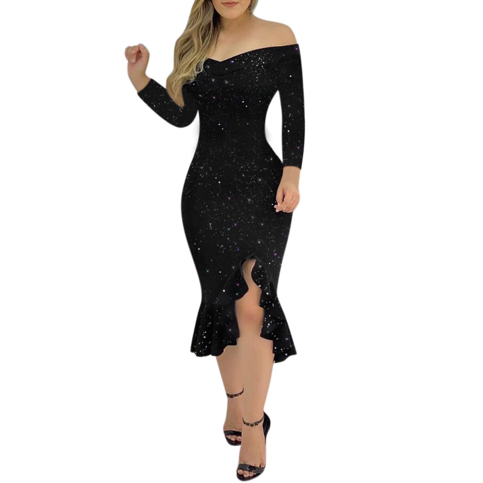 Sexy Cold Shoulder Ruffle Split Hem Evening Party Dress for Women - Elegant Midi Gown for Wedding Guest, Cocktail Party & Date Night Outfits