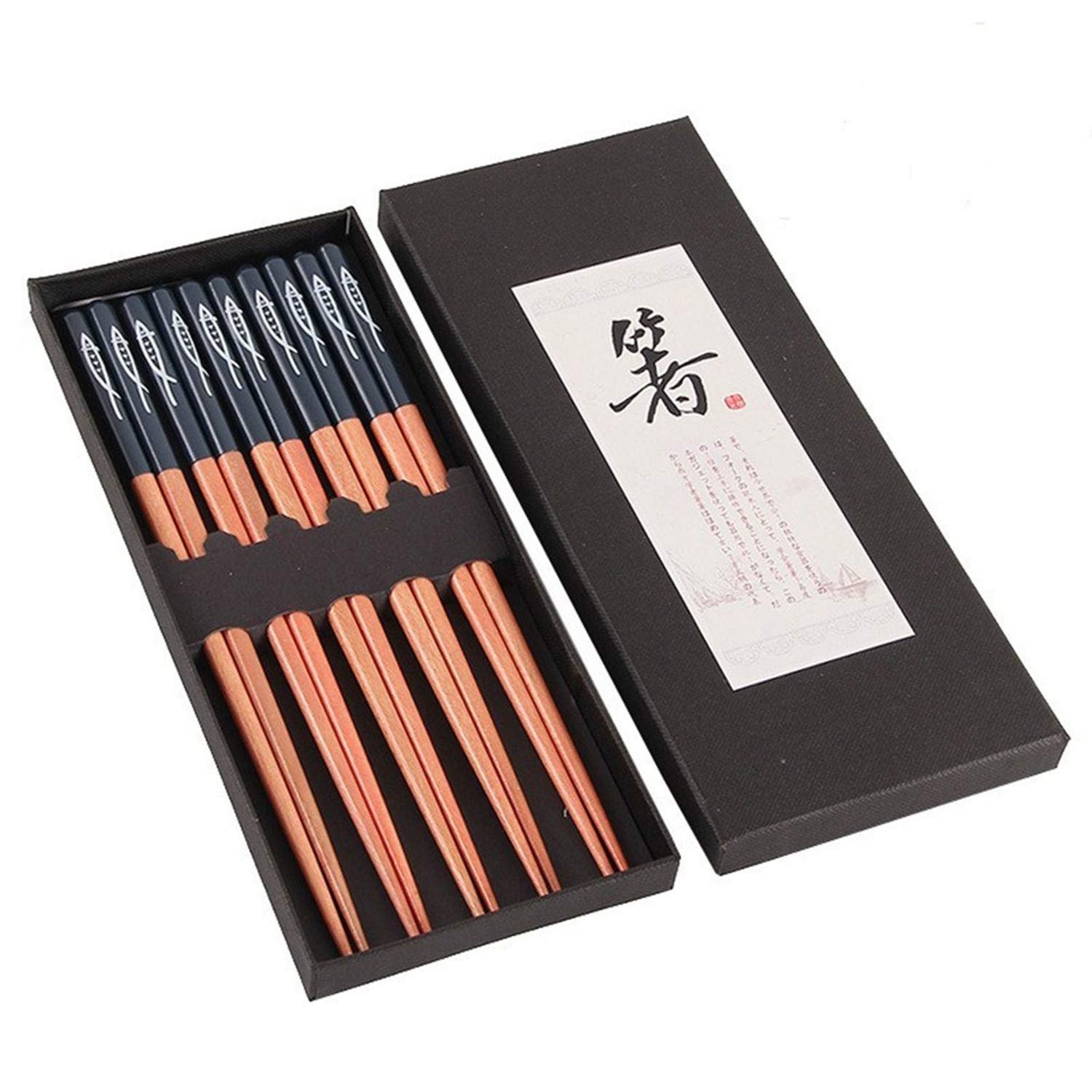 5 Pairs Traditional Japanese Wooden Chopsticks - 9 Inch Fish Pattern Reusable Non-Slip Chopsticks Set, Dishwasher Safe - Perfect for Sushi, Asian Cuisine & Home Dining